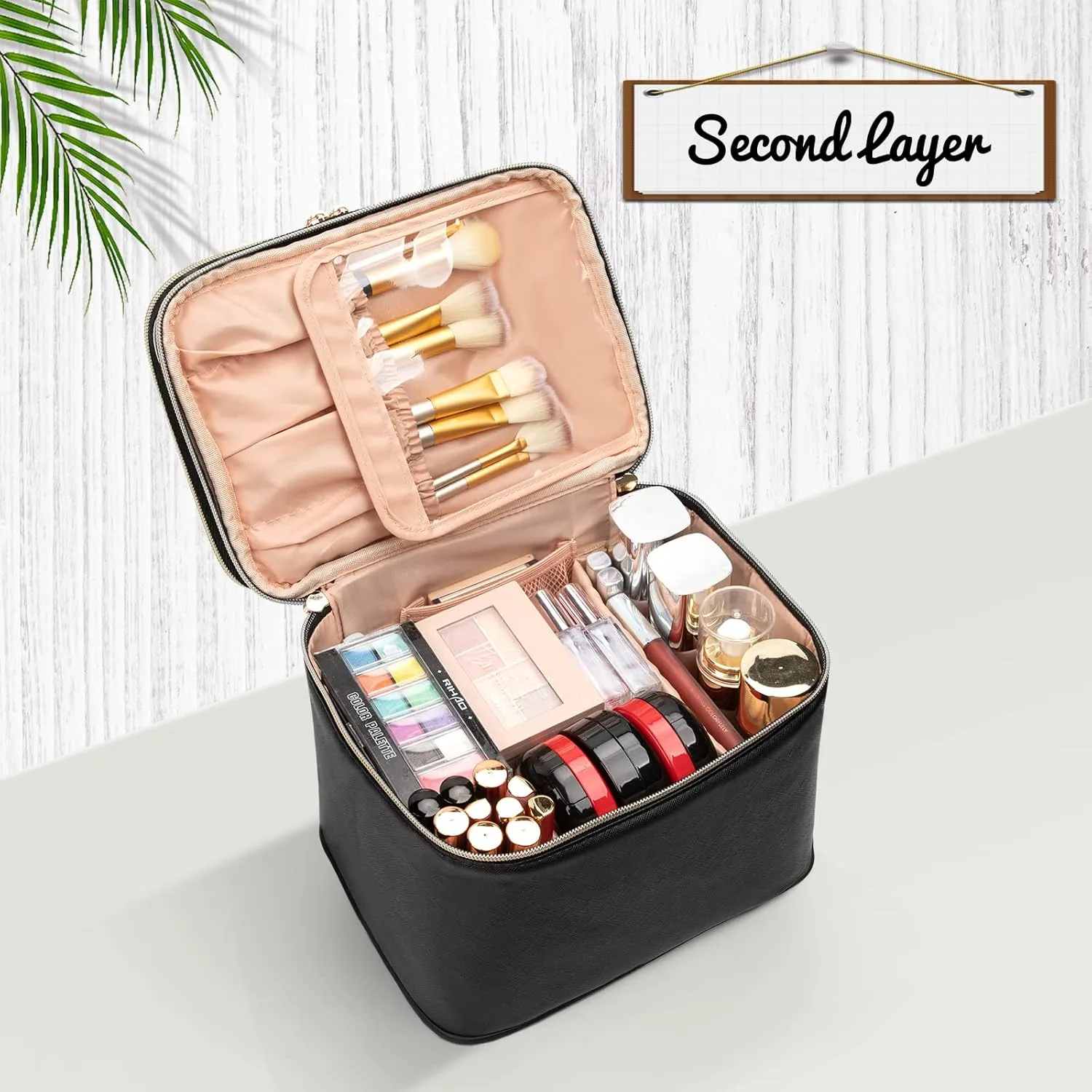 OCHEAL Large Makeup Bag, Double Layer Makeup Bag, Vertical Storage Cosmetic Case for Women/Girls with Multiple Compartments-Black