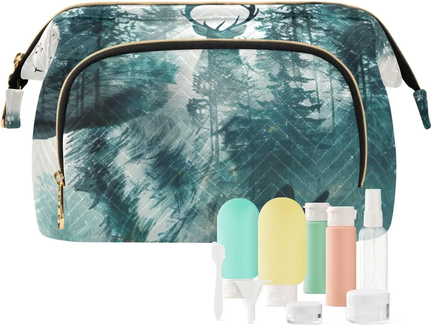 ODAWA Quilted Cosmetic Bag with 9-Piece Accessory Set, Animal Painting030 Travel Cosmetic Organizer Toiletry Bag Makeup Bag Travel Cosmetic Bag Toiletry Bag Organizer Pouch
