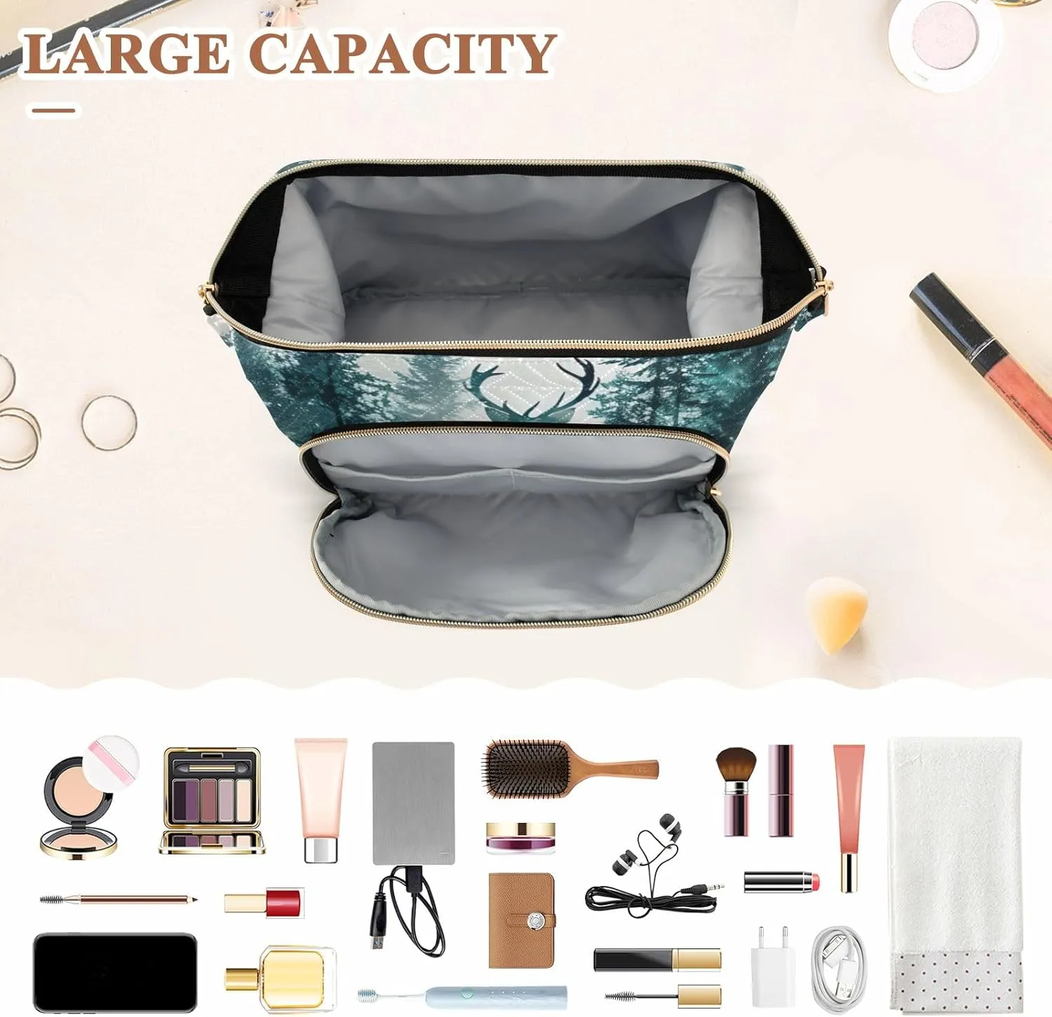 ODAWA Quilted Cosmetic Bag with 9-Piece Accessory Set, Animal Painting030 Travel Cosmetic Organizer Toiletry Bag Makeup Bag Travel Cosmetic Bag Toiletry Bag Organizer Pouch
