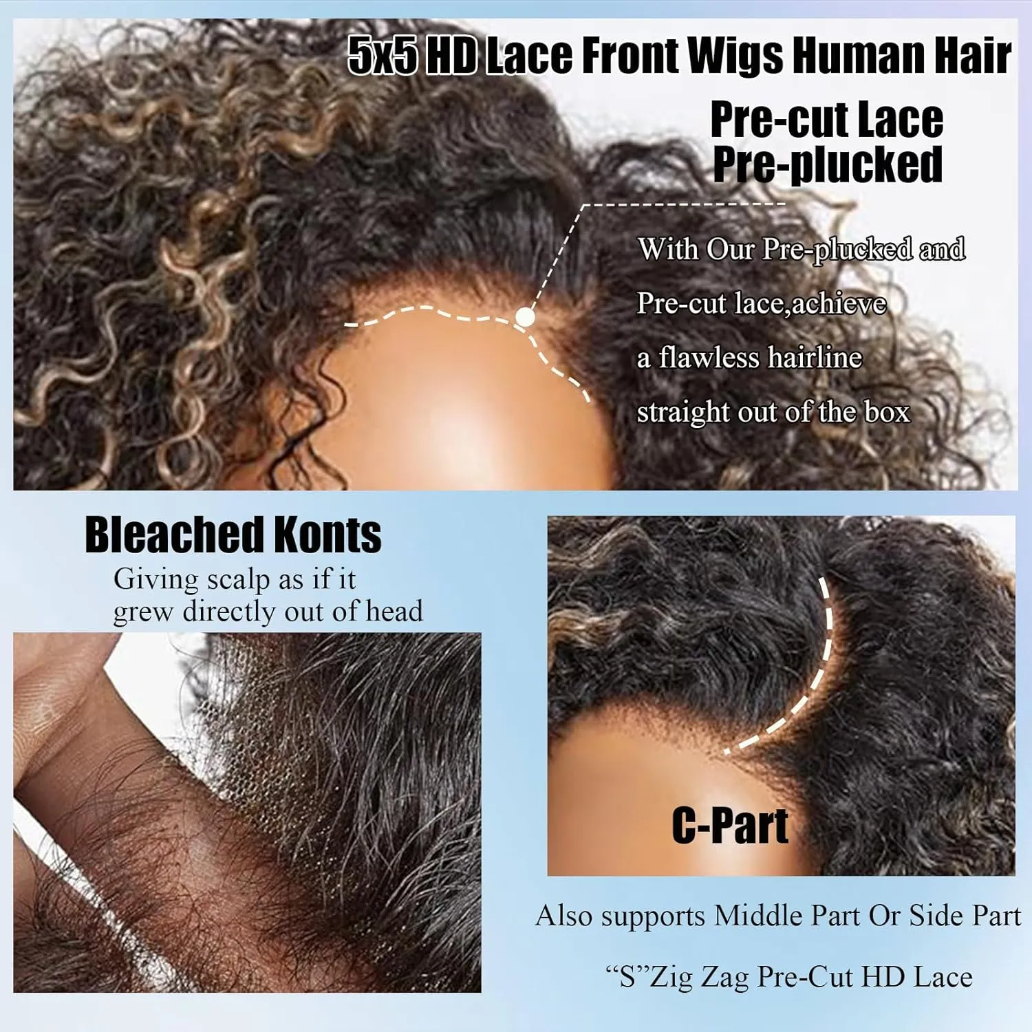Ombre Glueless Wigs Human Hair Pre Plucked Pre Cut Short Curly Bob Wig Human Hair Highlight 5x5 HD Lace Closure Wigs Human Hair C Part Balayage Water Wave Lace Front Wigs For Balck Women 1B/27 12Inch