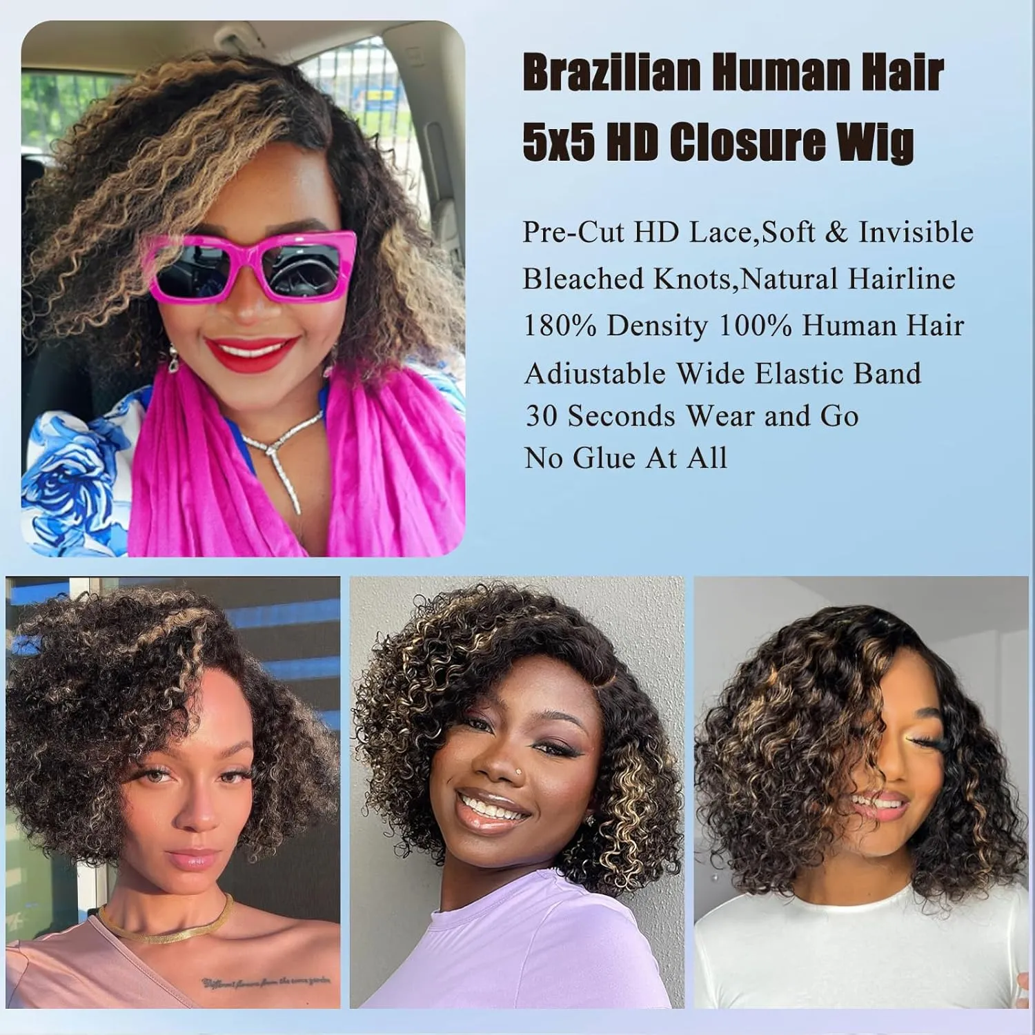 Ombre Glueless Wigs Human Hair Pre Plucked Pre Cut Short Curly Bob Wig Human Hair Highlight 5x5 HD Lace Closure Wigs Human Hair C Part Balayage Water Wave Lace Front Wigs For Balck Women 1B/27 12Inch
