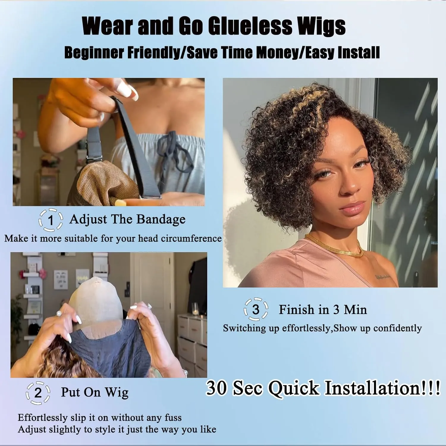 Ombre Glueless Wigs Human Hair Pre Plucked Pre Cut Short Curly Bob Wig Human Hair Highlight 5x5 HD Lace Closure Wigs Human Hair C Part Balayage Water Wave Lace Front Wigs For Balck Women 1B/27 12Inch