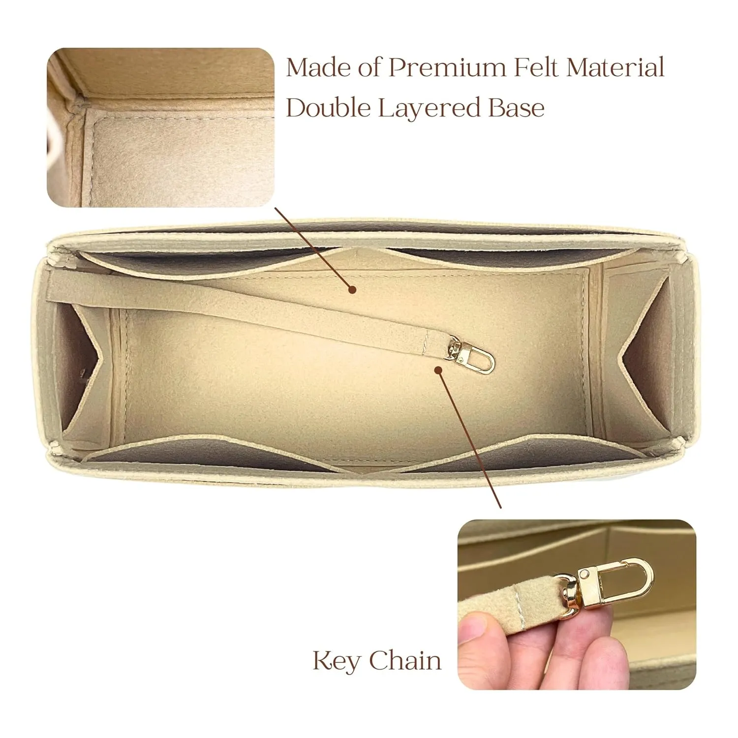 Organizer for Andia.mo, Felt Insert with Key Chain, Reinforced Base, Trapezoid Shape (East West, Chocolate)
