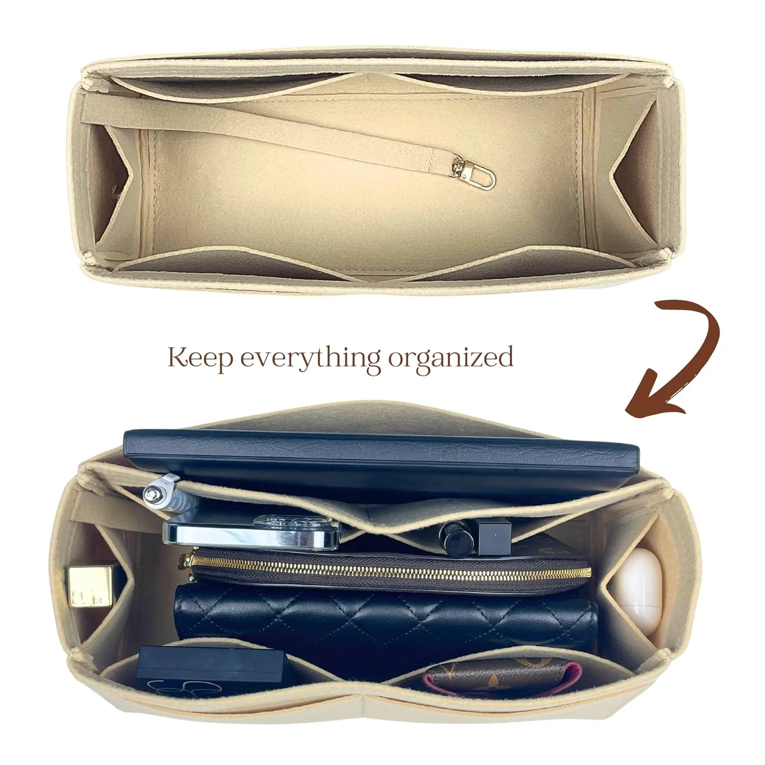 Organizer for Andia.mo, Felt Insert with Key Chain, Reinforced Base, Trapezoid Shape (East West, Chocolate)