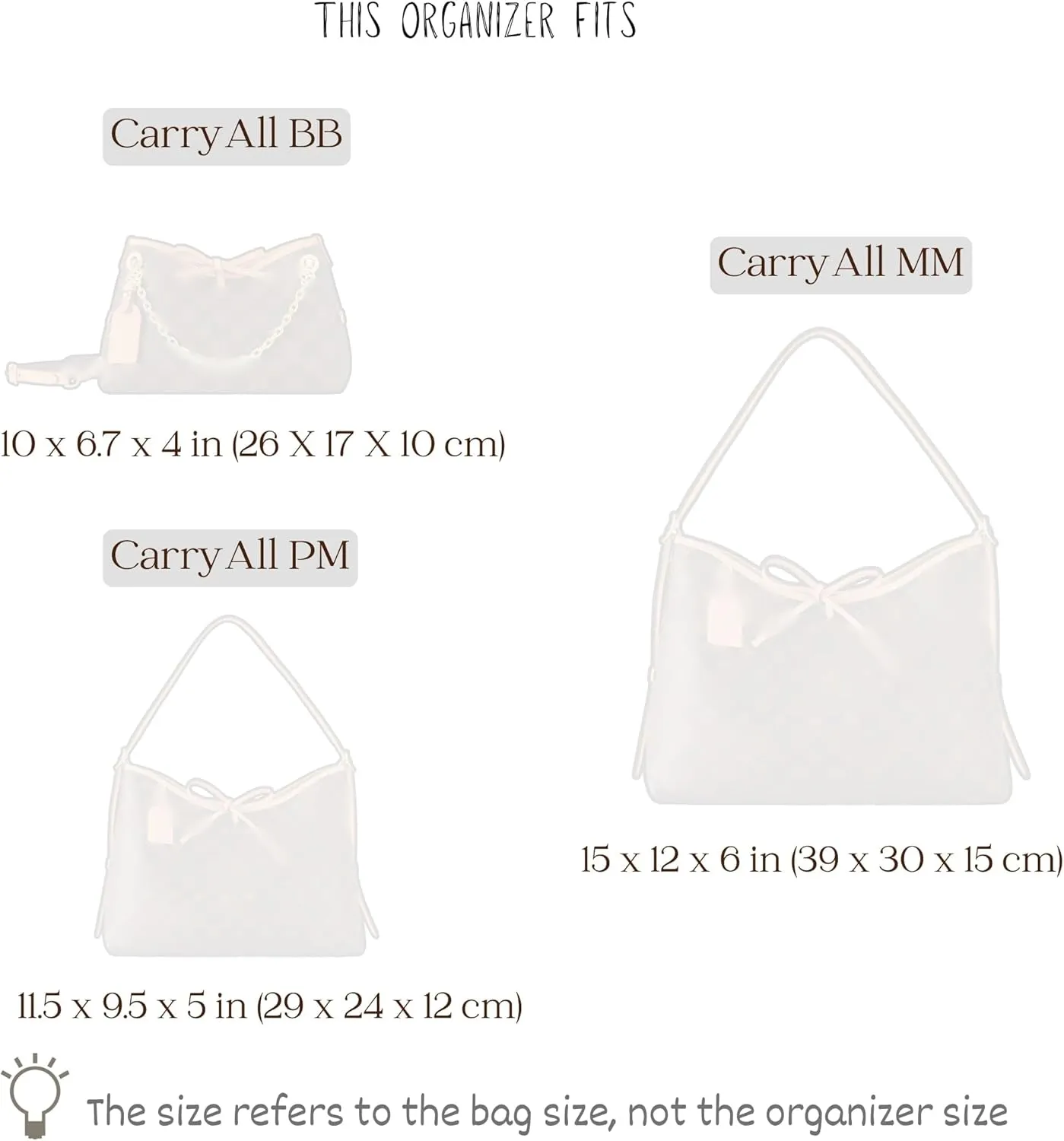 Organizer for CarryAll PM, MM, BB, Lightweight Bag Insert, DupontPaper and Satin Silk Liner, 34 Interior Colors (MM, Beige)