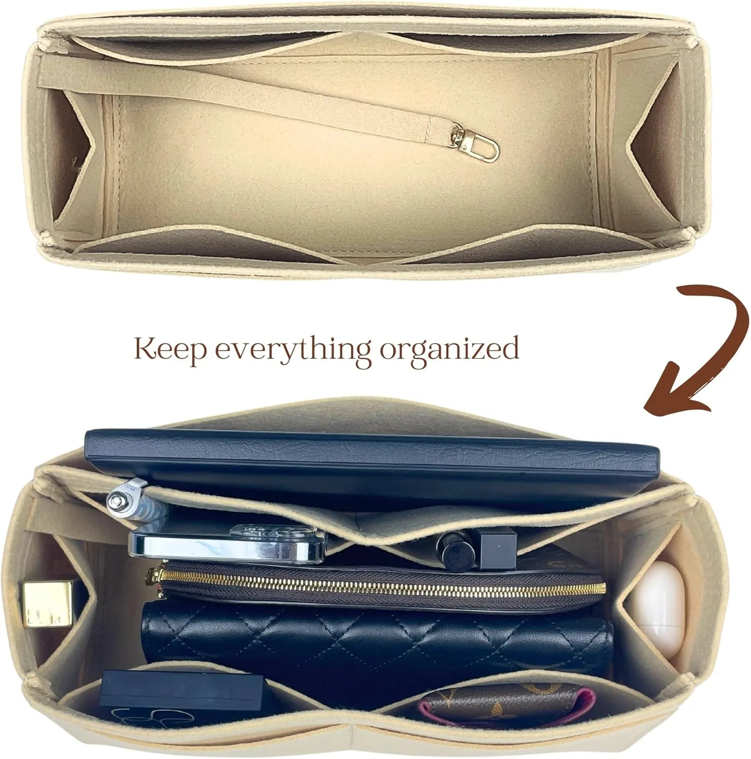 Organizer for Coa.h Soft Empire Carryall (Size 48, GoldBrown), Felt Bag Insert for 40/48 with Keychain Hook, Reinforced base