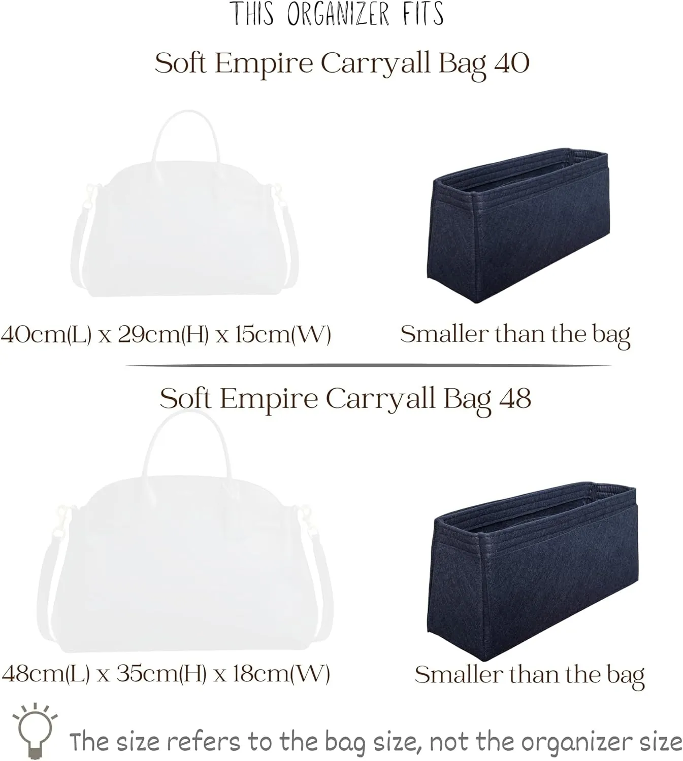 Organizer for Coa.h Soft Empire Carryall (Size 48, GoldBrown), Felt Bag Insert for 40/48 with Keychain Hook, Reinforced base