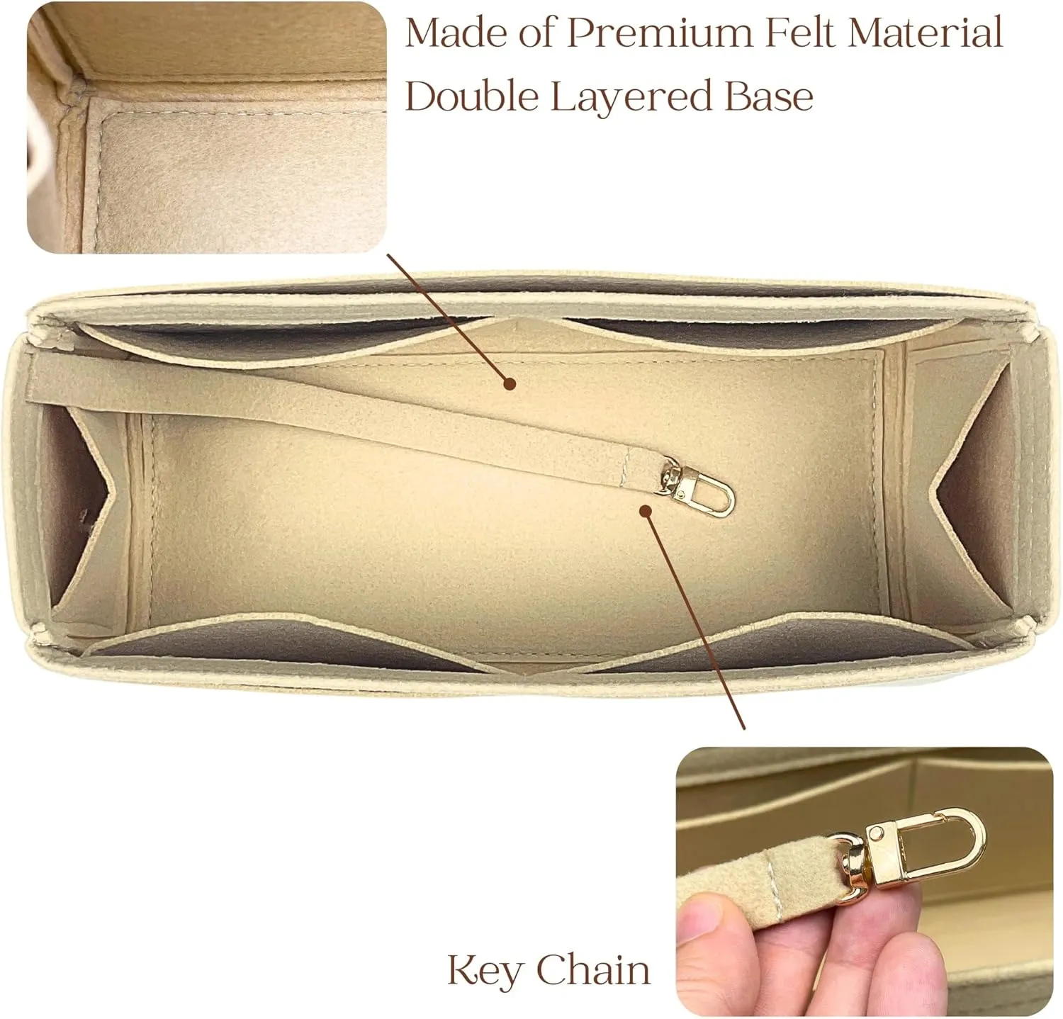 Organizer for Coa.h Soft Empire Carryall (Size 48, GoldBrown), Felt Bag Insert for 40/48 with Keychain Hook, Reinforced base
