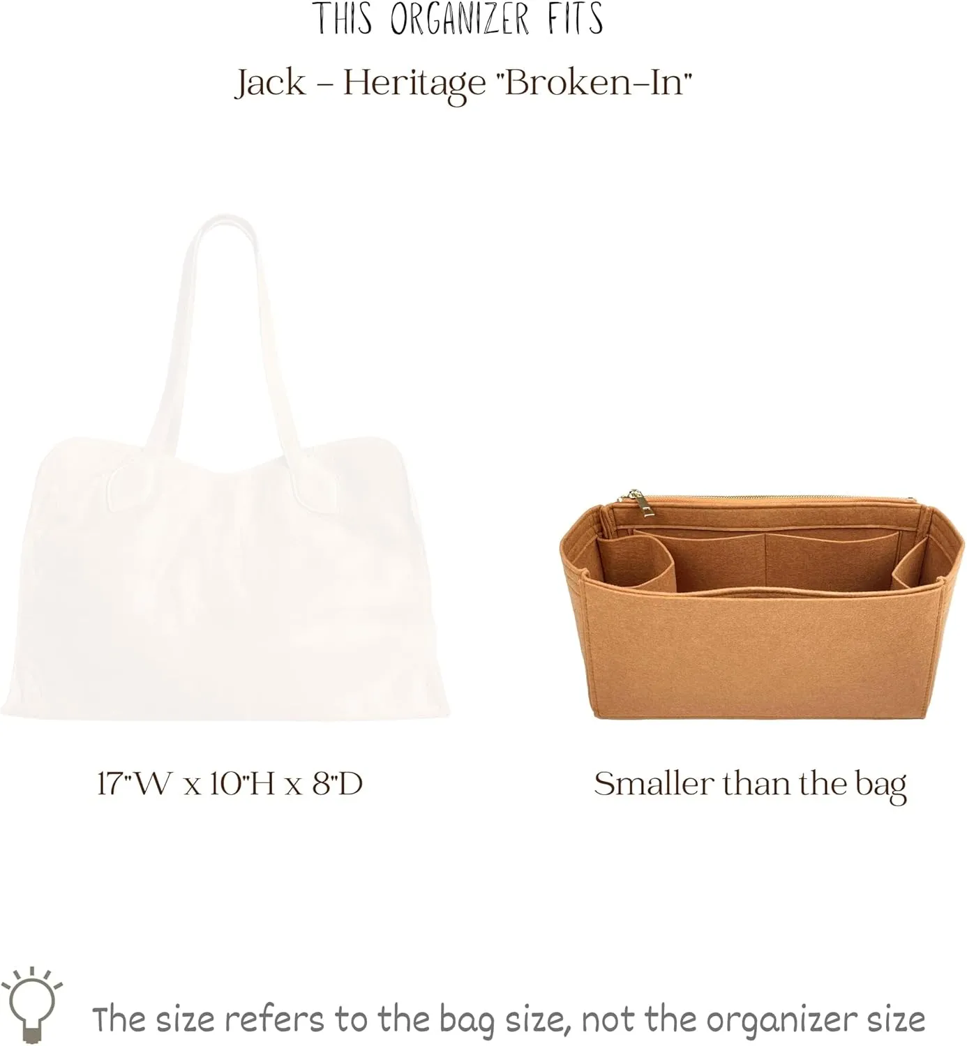 Organizer for Jack Heritage Broken-In Leather Bag, Felt Insert with Water Bottle Holder, Zipper Pouch (Evergreen)