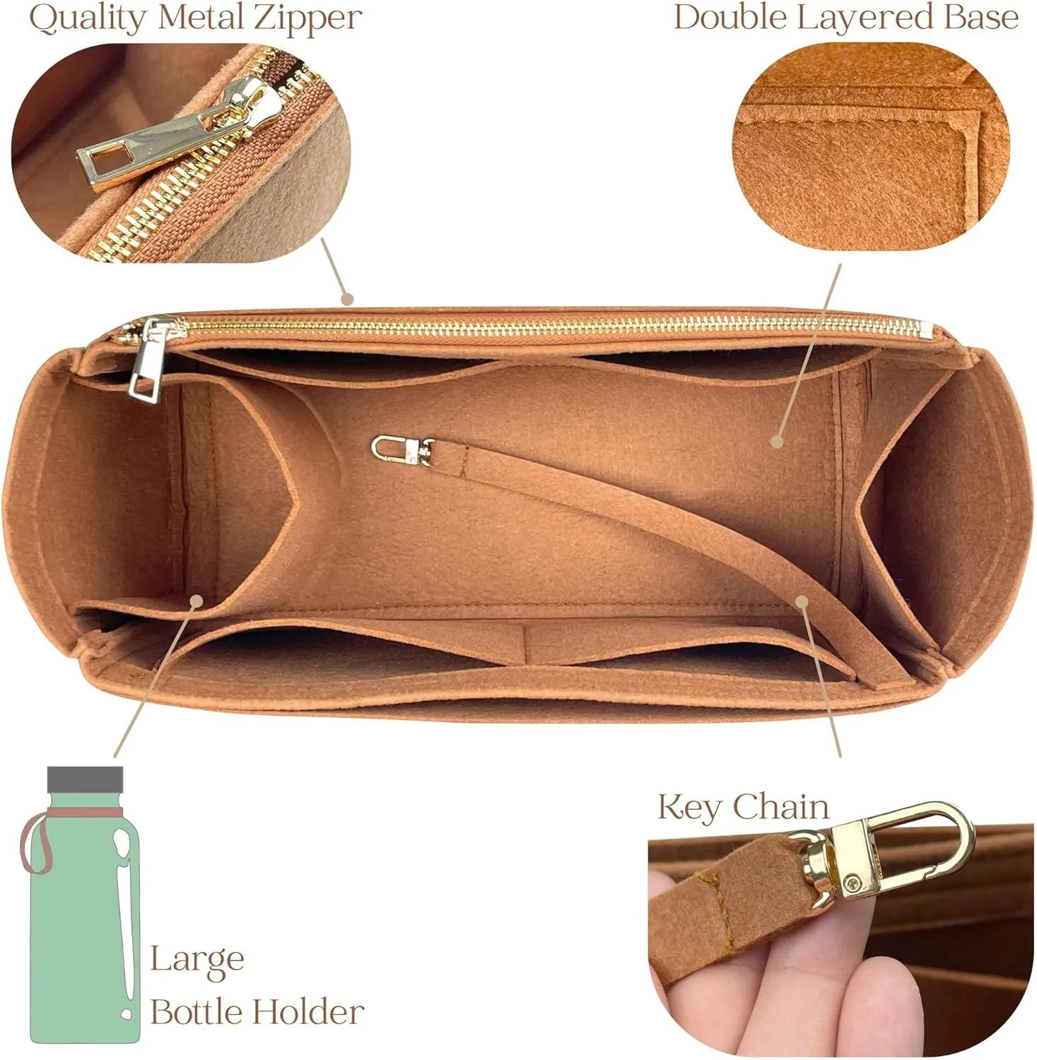 Organizer for Jack Heritage Broken-In Leather Bag, Felt Insert with Water Bottle Holder, Zipper Pouch (Evergreen)