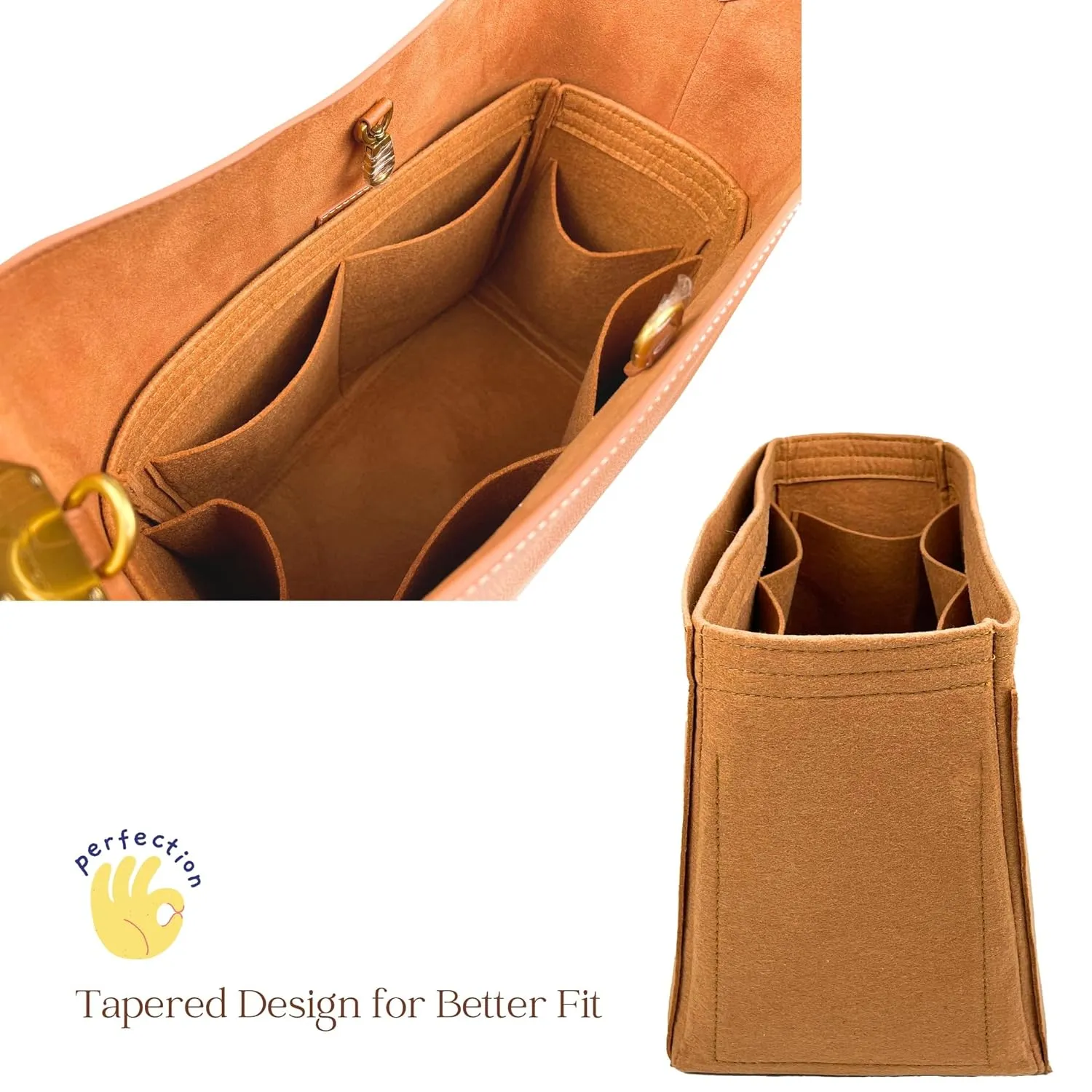 Organizer for Low Key Hobo PM | MM, Felt Insert with Key Chain, Reinforced Base, Trapezoid Shape (PM, GoldBrown)