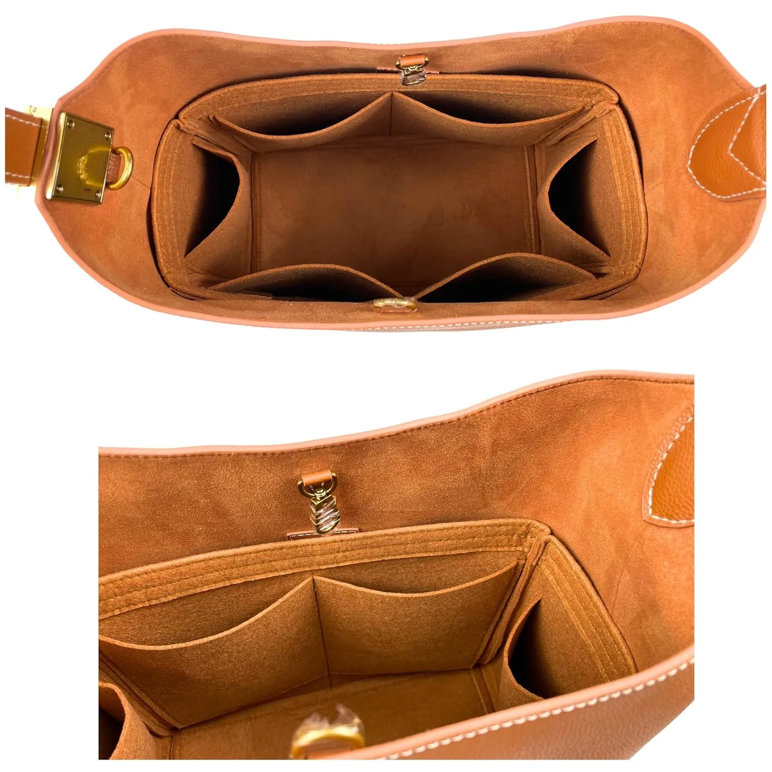 Organizer for Low Key Hobo PM | MM, Felt Insert with Key Chain, Reinforced Base, Trapezoid Shape (PM, GoldBrown)