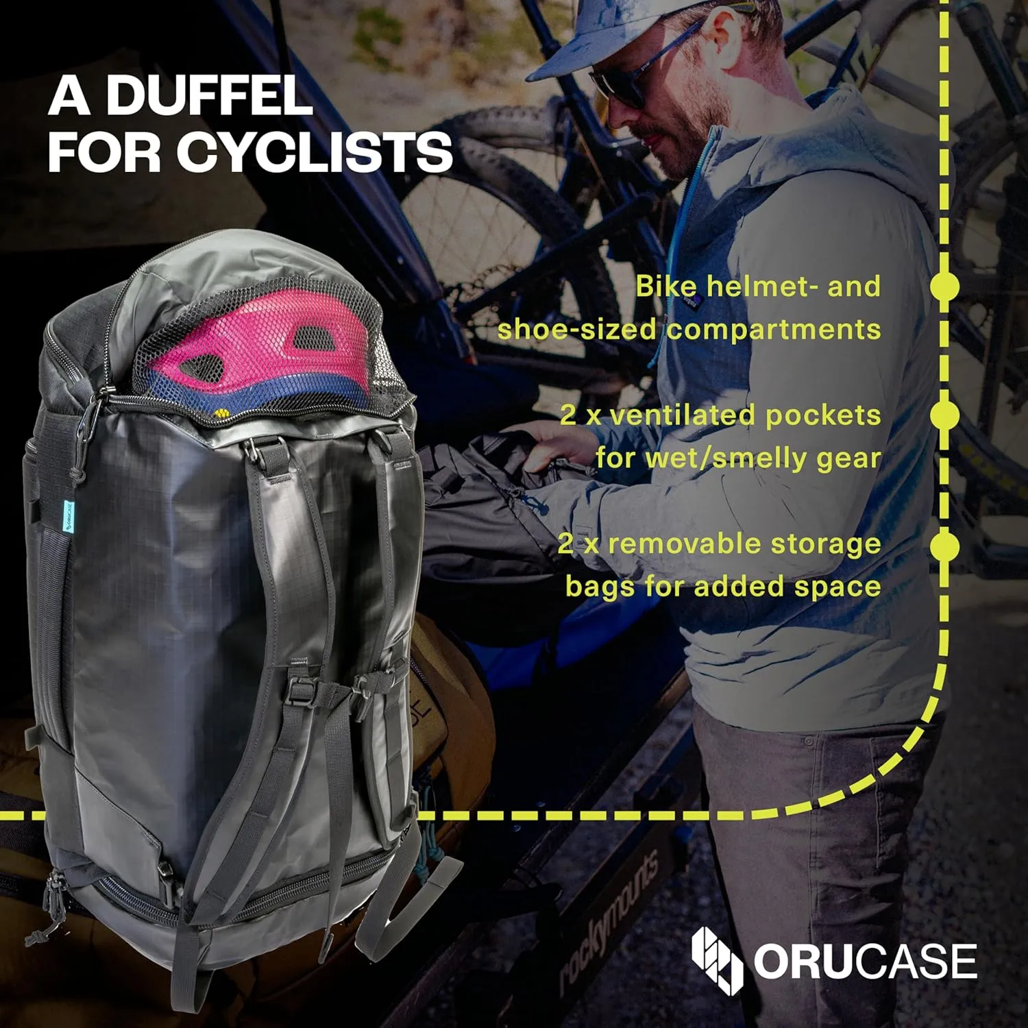Orucase Janus Duffel Backpack for Cyclists - Gym Duffle Bag for Men & Women with Straps - Water Resistant Duffle Backpack for Travel - 55 L - Black