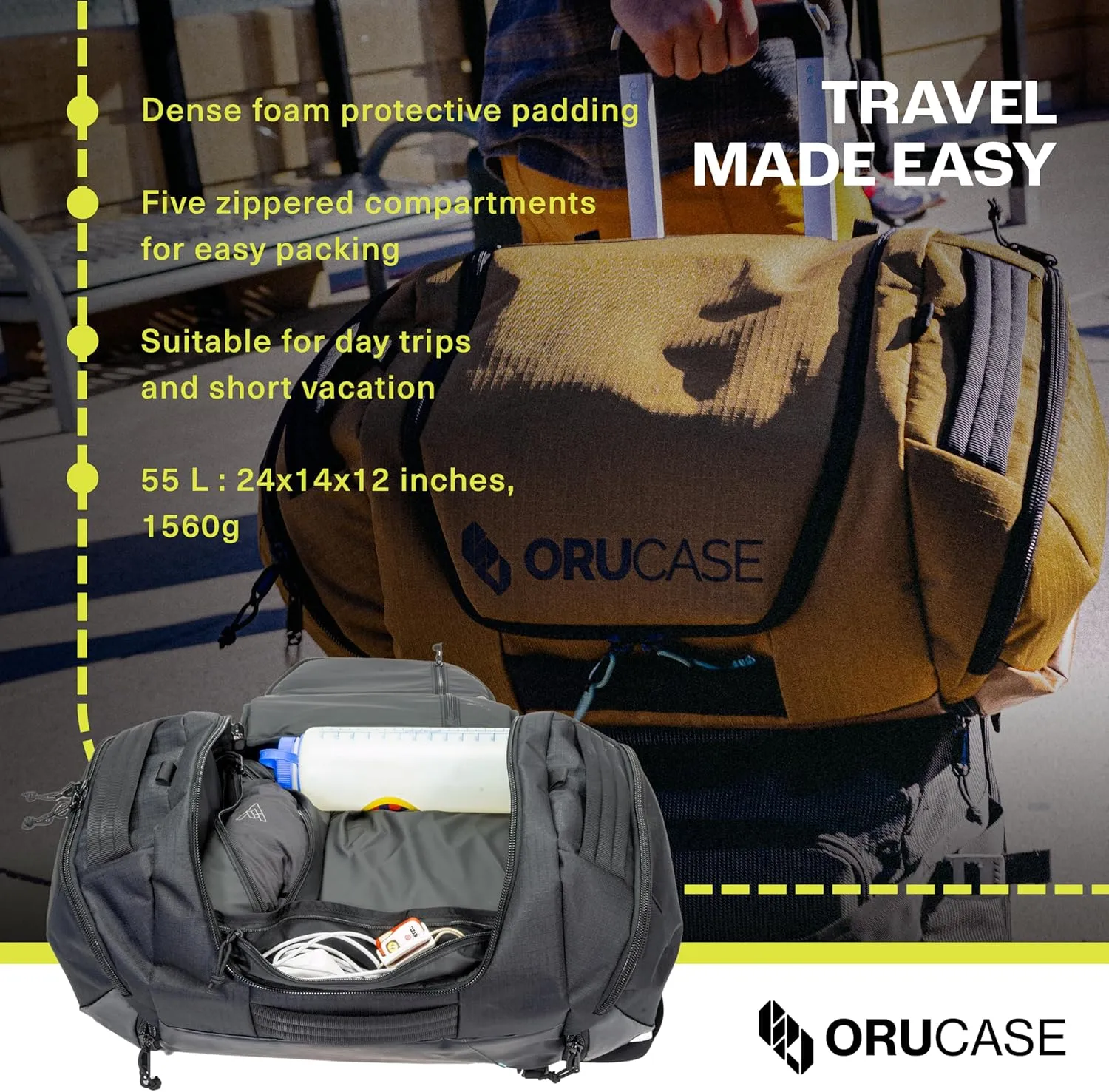 Orucase Janus Duffel Backpack for Cyclists - Gym Duffle Bag for Men & Women with Straps - Water Resistant Duffle Backpack for Travel - 55 L - Black