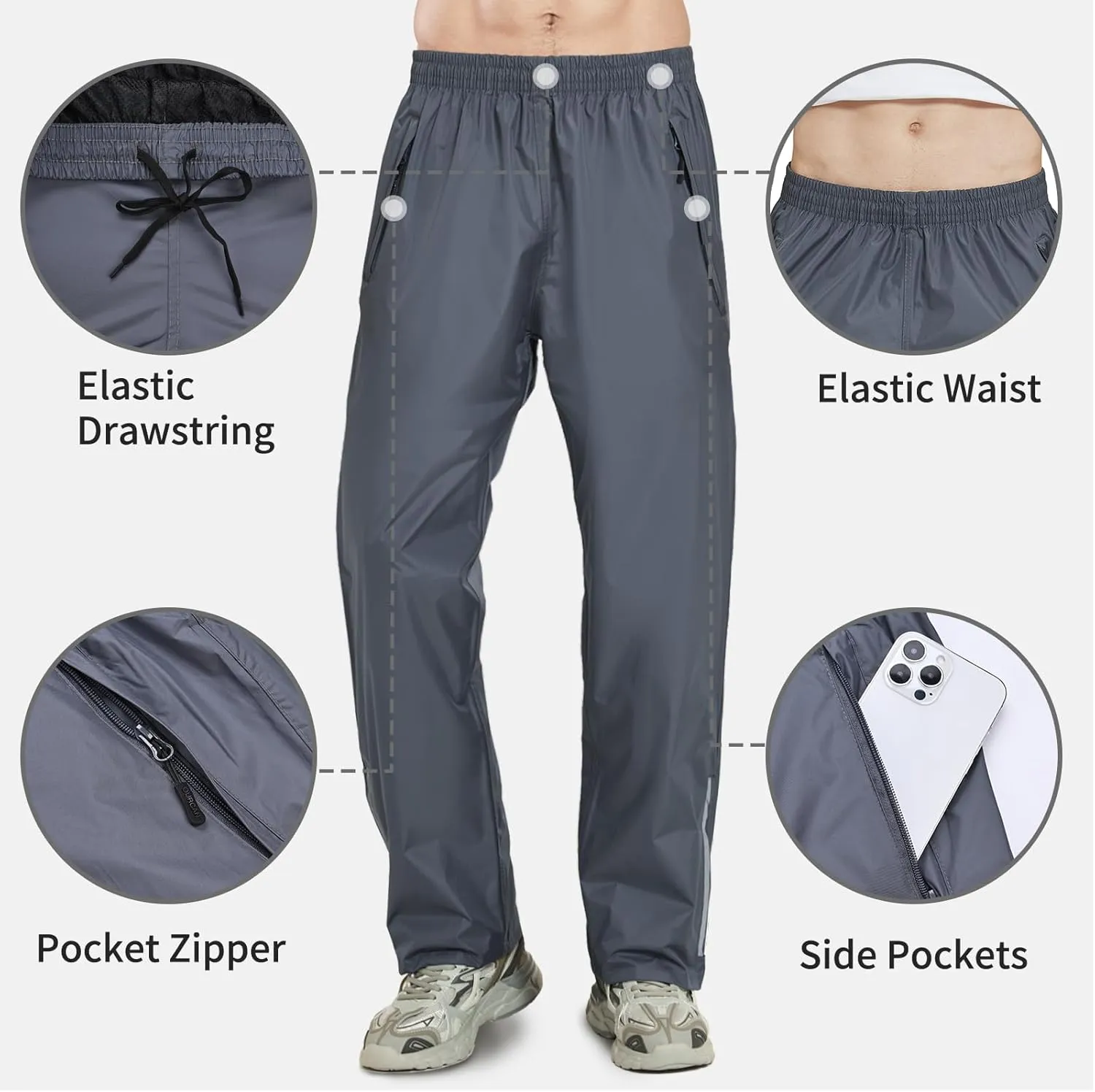OURCAN Men's Rain Pants Waterproof Windproof Pants Breathable Lightweight Suitable for Rainy Outdoors, Hiking, Golf, Fishing