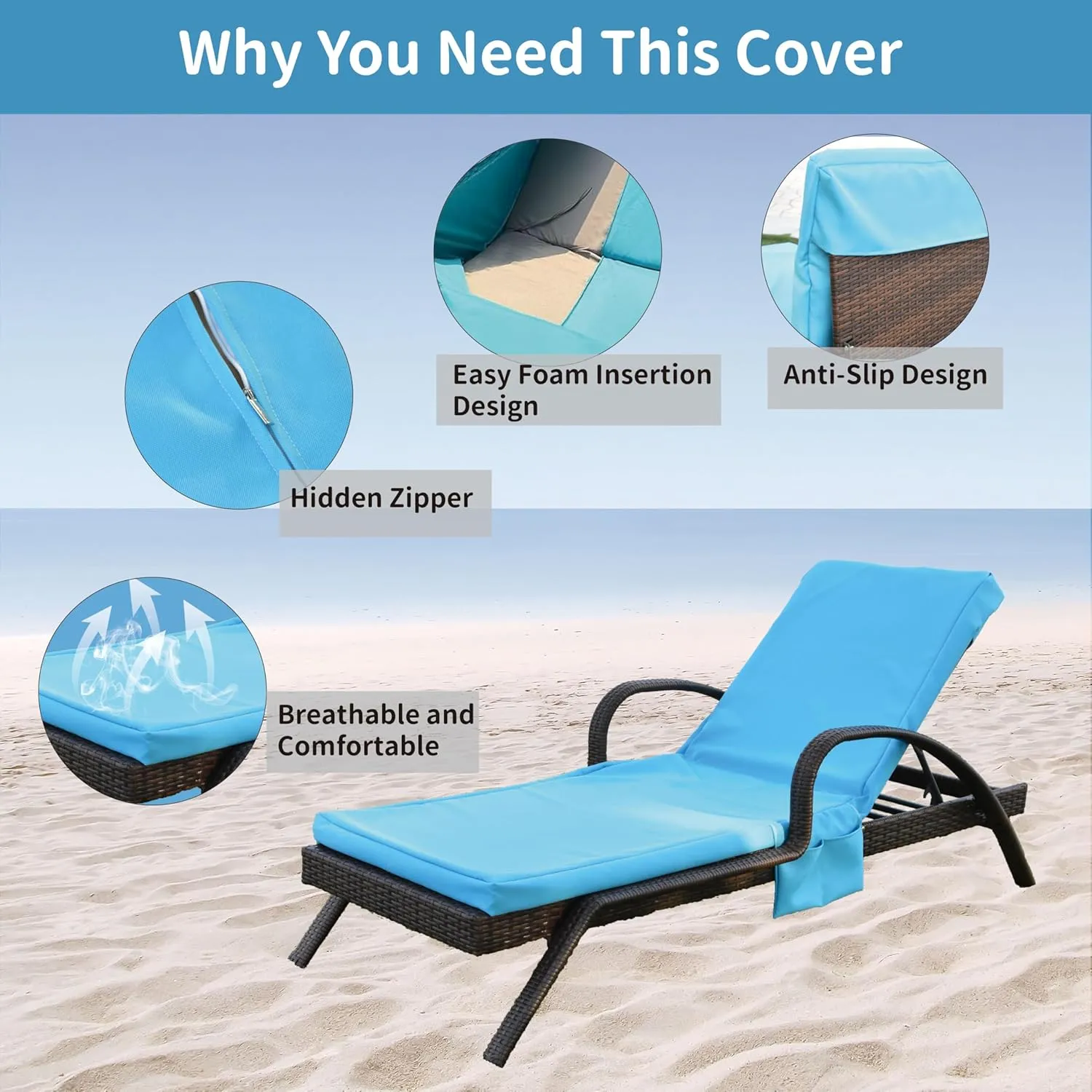 Outdoor Chaise Lounge Cushion Covers Only (Not Includes Cushion), 72x21x3 Inch Patio Cushion Slipcovers Waterproof Anti-Slip Lounge Chair Replacement Cover with Zipper Ties for Patio Pool (Blue)