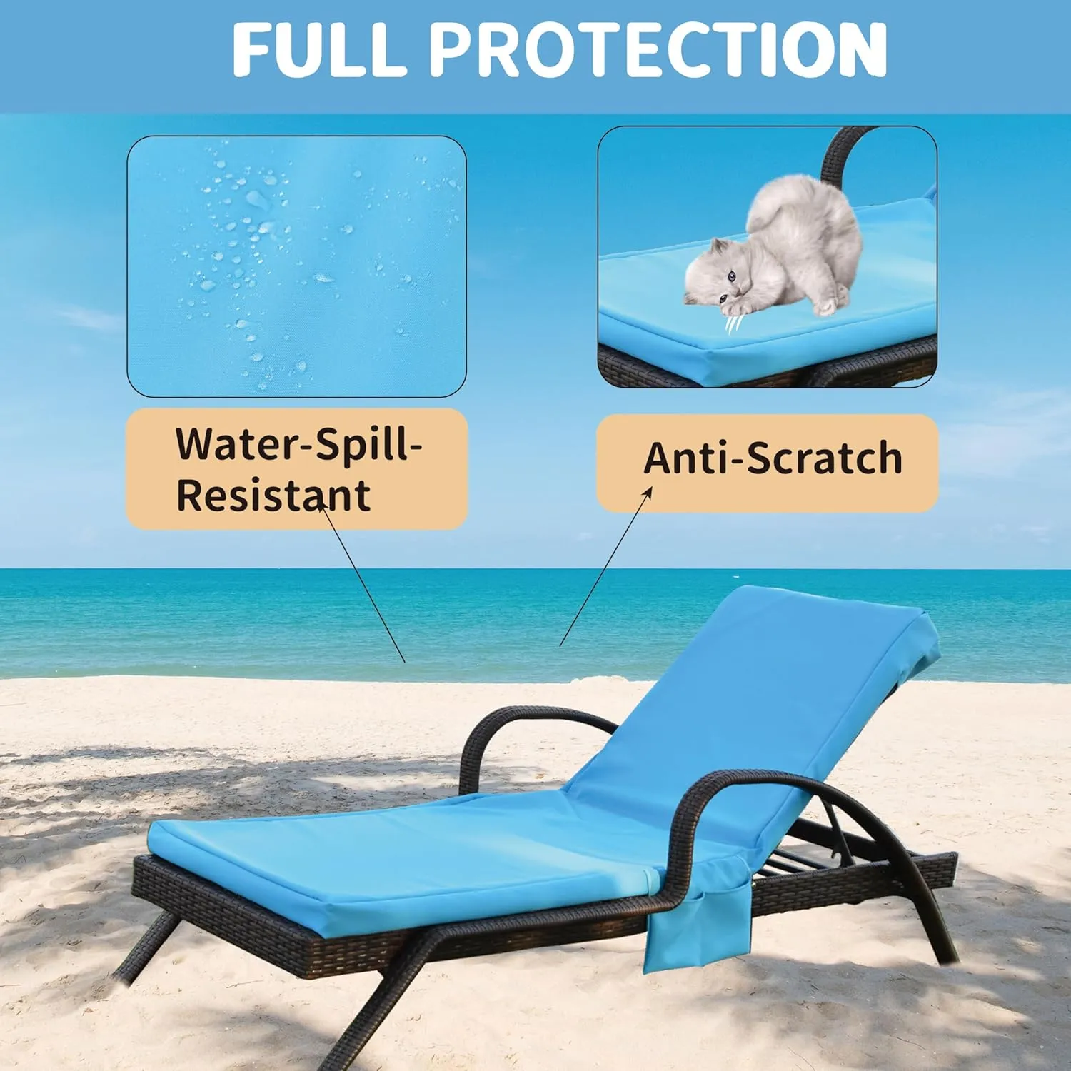 Outdoor Chaise Lounge Cushion Covers Only (Not Includes Cushion), 72x21x3 Inch Patio Cushion Slipcovers Waterproof Anti-Slip Lounge Chair Replacement Cover with Zipper Ties for Patio Pool (Blue)