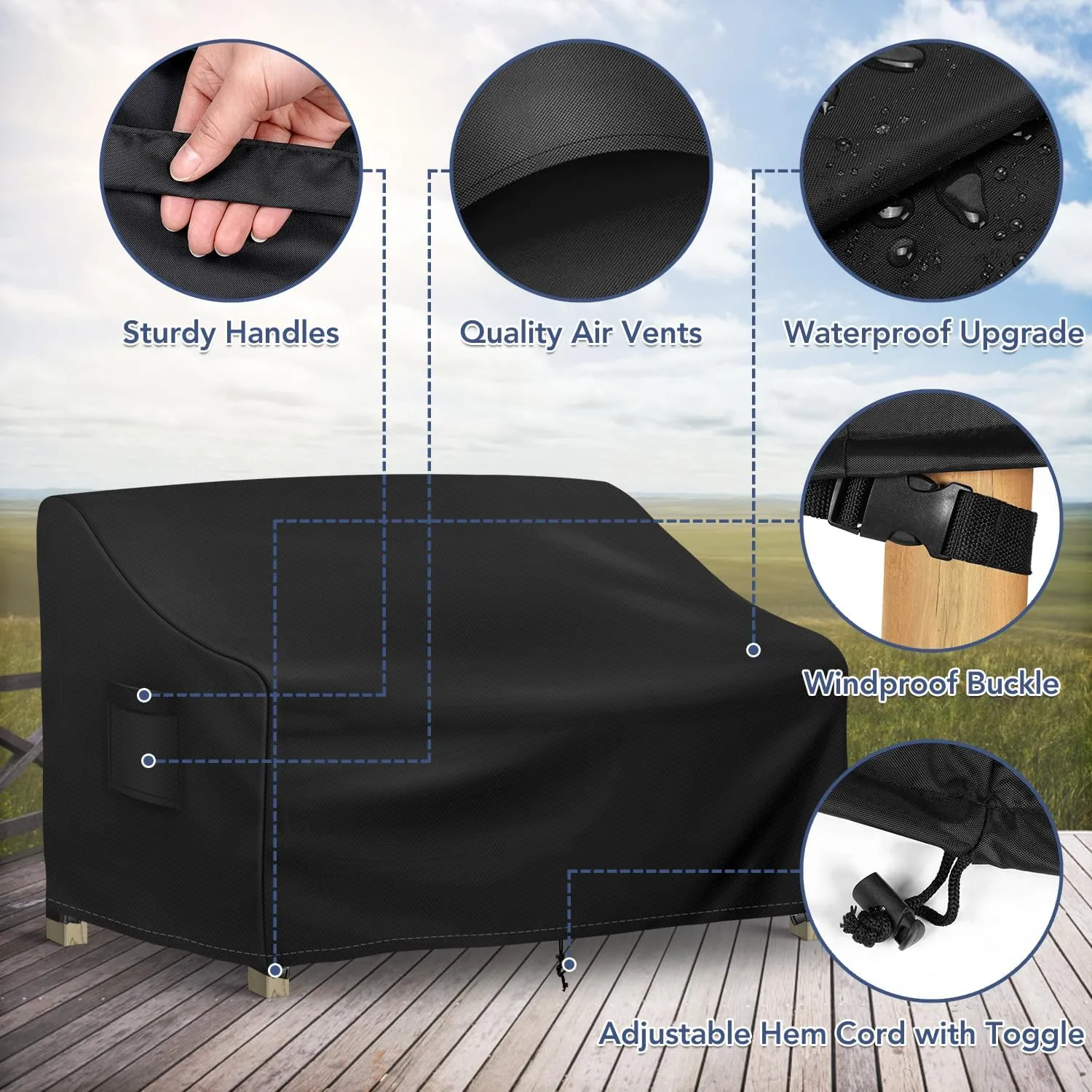 Outdoor Couch Cover Waterproof, 3-Seater Outdoor Sofa Cover, Patio Furniture Covers with Air Vent and Handles, 79W x 37D x 35H Inches, Black