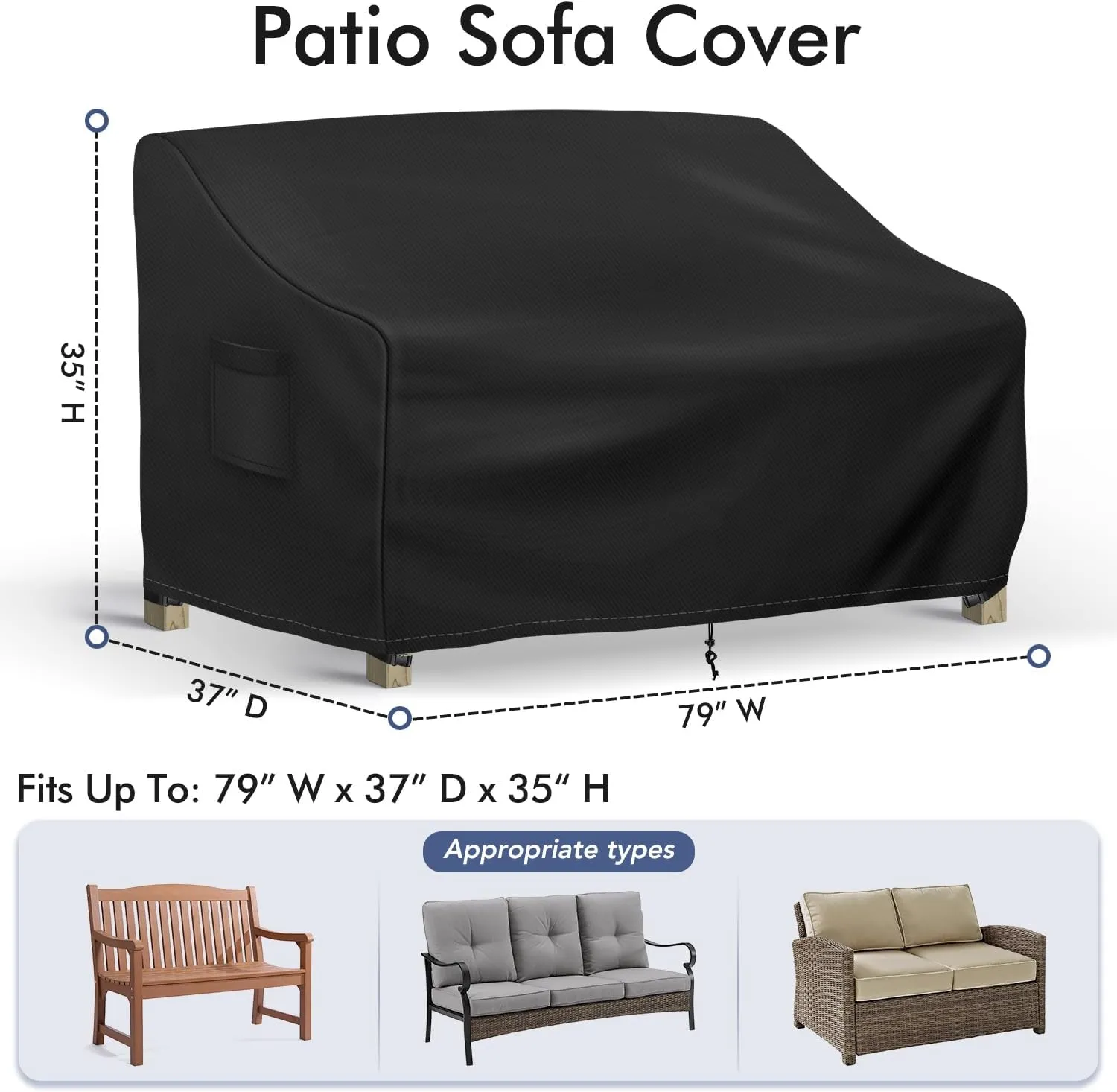Outdoor Couch Cover Waterproof, 3-Seater Outdoor Sofa Cover, Patio Furniture Covers with Air Vent and Handles, 79W x 37D x 35H Inches, Black