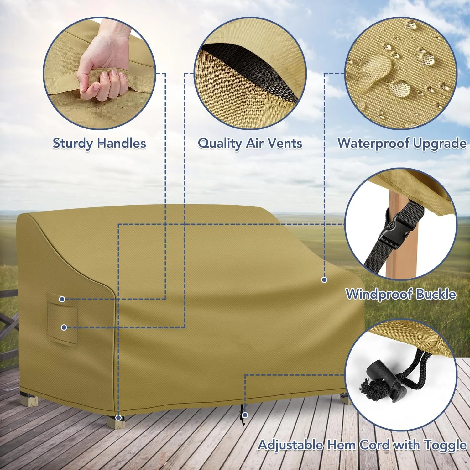 Outdoor Couch Cover Waterproof, 3-Seater Outdoor Sofa Cover, Patio Furniture Covers with Air Vent and Handles, 79W x 37D x 35H Inches, Khaki