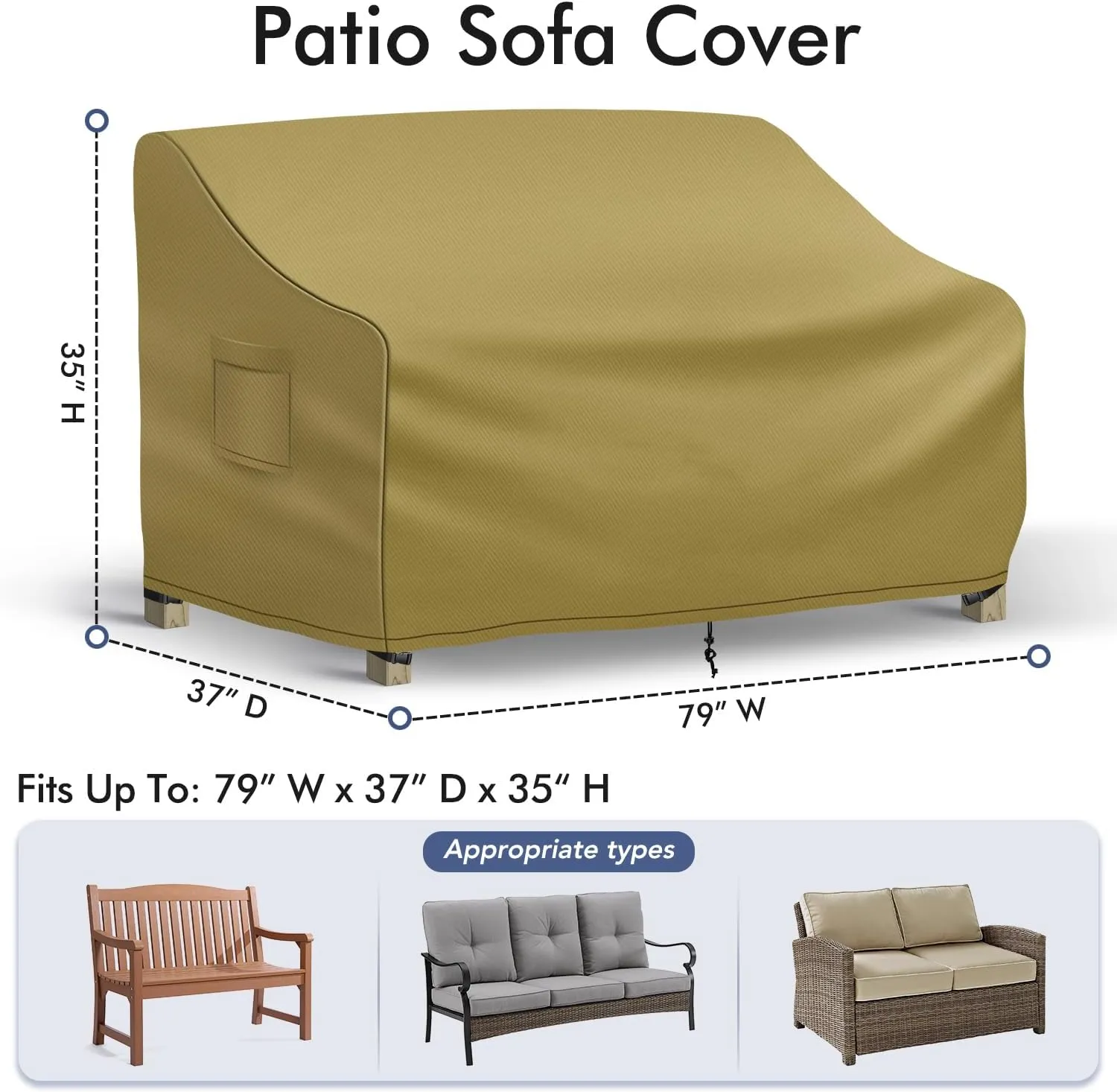 Outdoor Couch Cover Waterproof, 3-Seater Outdoor Sofa Cover, Patio Furniture Covers with Air Vent and Handles, 79W x 37D x 35H Inches, Khaki