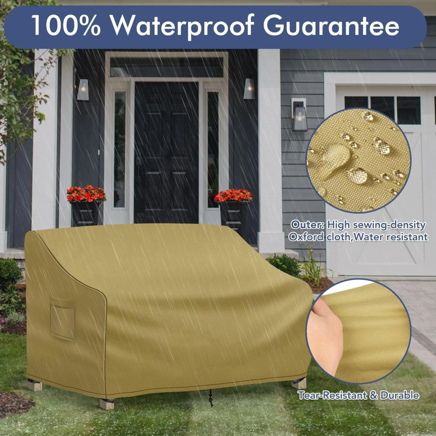 Outdoor Couch Cover Waterproof, 3-Seater Outdoor Sofa Cover, Patio Furniture Covers with Air Vent and Handles, 79W x 37D x 35H Inches, Khaki