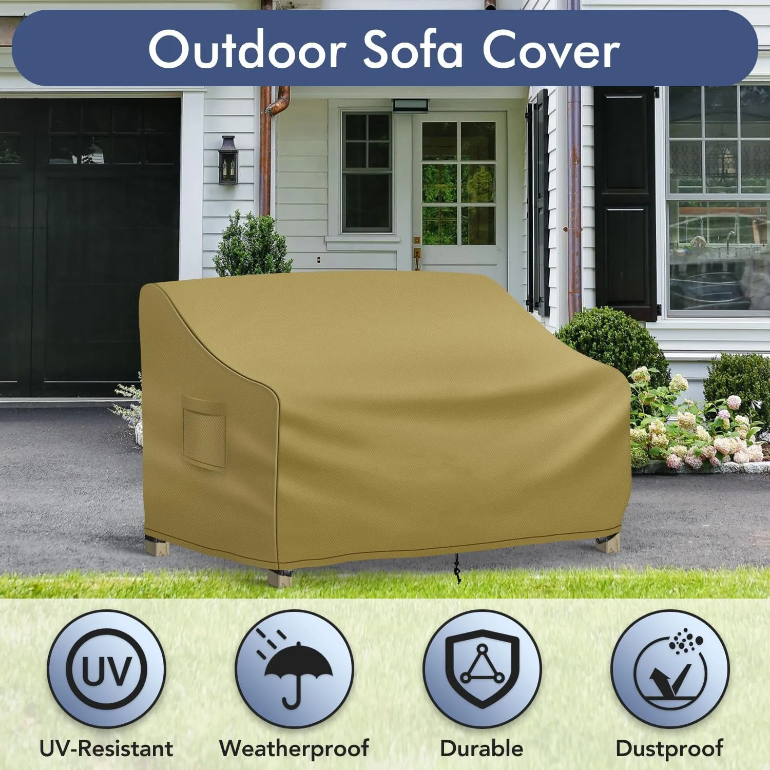 Outdoor Couch Cover Waterproof, 3-Seater Outdoor Sofa Cover, Patio Furniture Covers with Air Vent and Handles, 79W x 37D x 35H Inches, Khaki