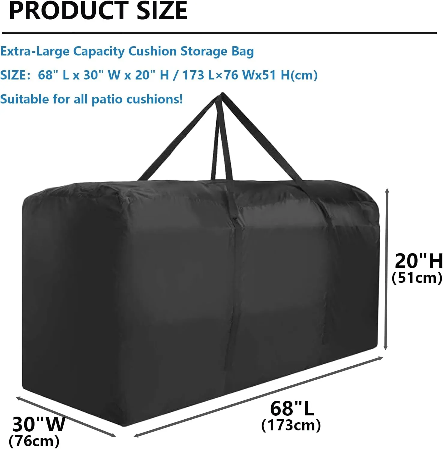 Outdoor Cushion Storage Bag, Waterproof Extra-Large Black Outdoor Patio Cushion Storage Bag with Zipper & Padded Handle for Patio Furniture Christmas Tree, 68in L x 30in W x 20in H (2 Pack)