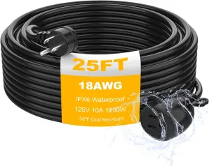 Outdoor Power Extension Cord,25 Ft,IPX6 Waterproof, Cold Weather & Fireproof, Heavy Duty 3 Prong Cable,18AWG 125V 10A,FCC/ETL Certified for Outdoor/Indoor Use