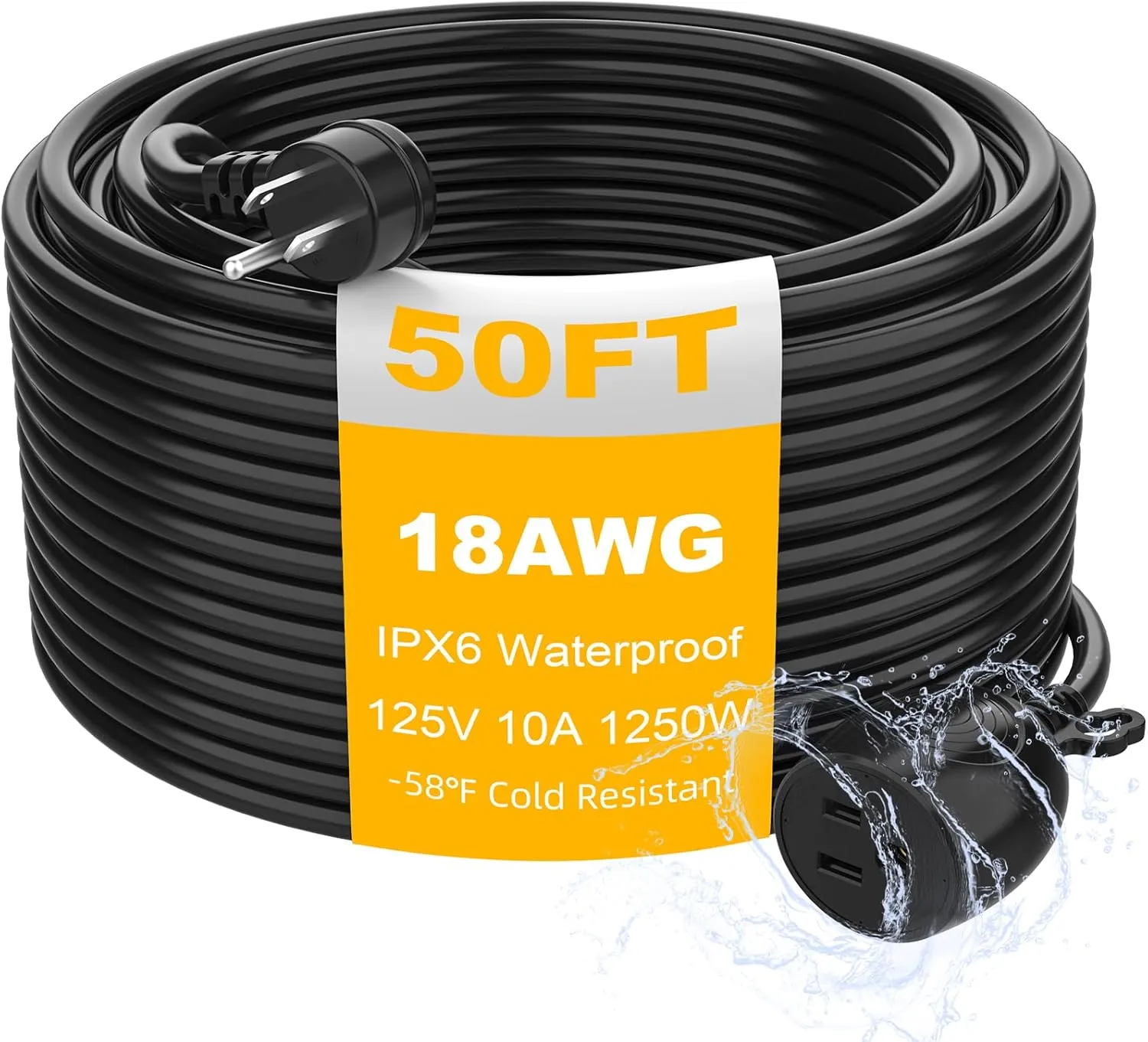Outdoor Power Extension Cord,50 Ft,IPX6 Waterproof, Cold Weather & Fireproof, Heavy Duty 3 Prong Cable,18AWG 125V 10A,FCC/ETL Certified for Outdoor/Indoor Use