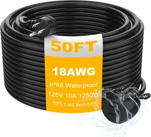 Outdoor Power Extension Cord,50 Ft,IPX6 Waterproof, Cold Weather & Fireproof, Heavy Duty 3 Prong Cable,18AWG 125V 10A,FCC/ETL Certified for Outdoor/Indoor Use