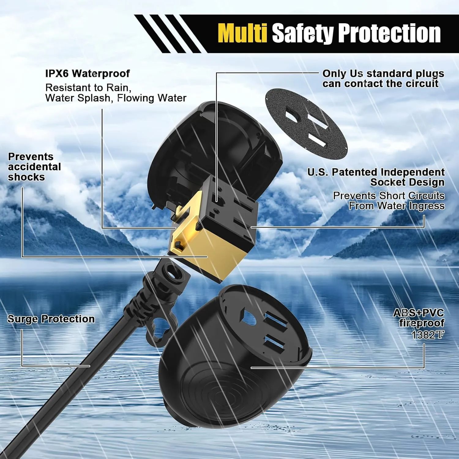 Outdoor Power Extension Cord,50 Ft,IPX6 Waterproof, Cold Weather & Fireproof, Heavy Duty 3 Prong Cable,18AWG 125V 10A,FCC/ETL Certified for Outdoor/Indoor Use
