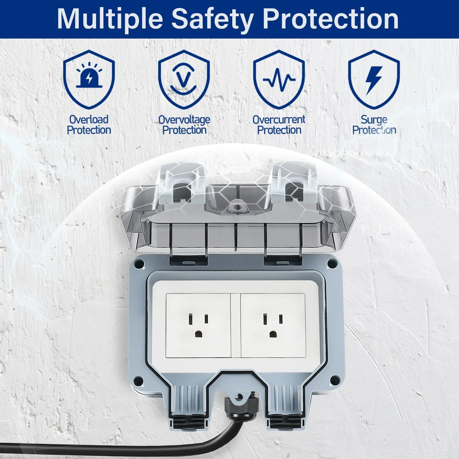 Outdoor Power Outlet Box with 9.8Ft Extension Cord, NEMA 5-15R, STW 14 AWG, Weatherproof Waterproof IP66 Electrical Outlet Extender, Exterior Wall Power Socket w/Cover for Garden