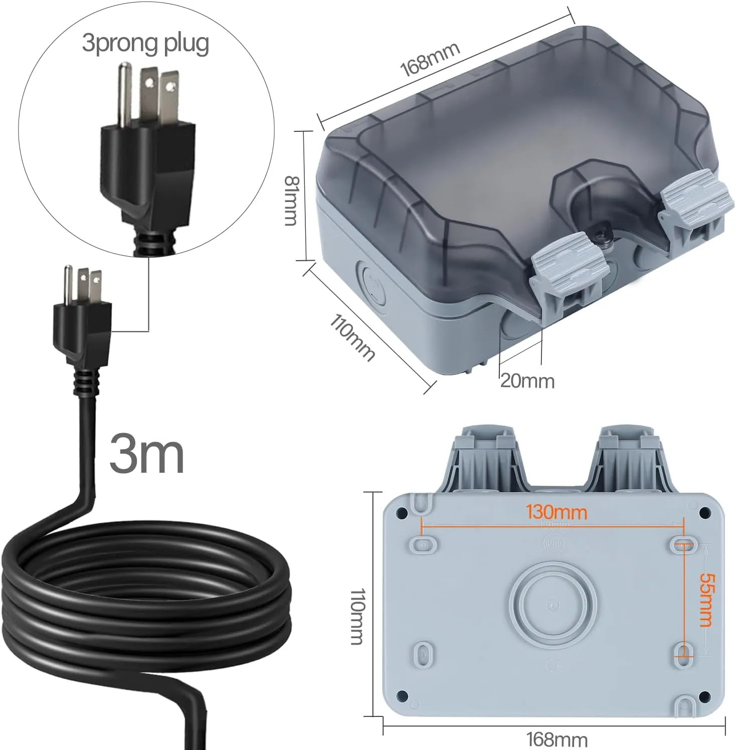 Outdoor Power Outlet Box with 9.8Ft Extension Cord, NEMA 5-15R, STW 14 AWG, Weatherproof Waterproof IP66 Electrical Outlet Extender, Exterior Wall Power Socket w/Cover for Garden