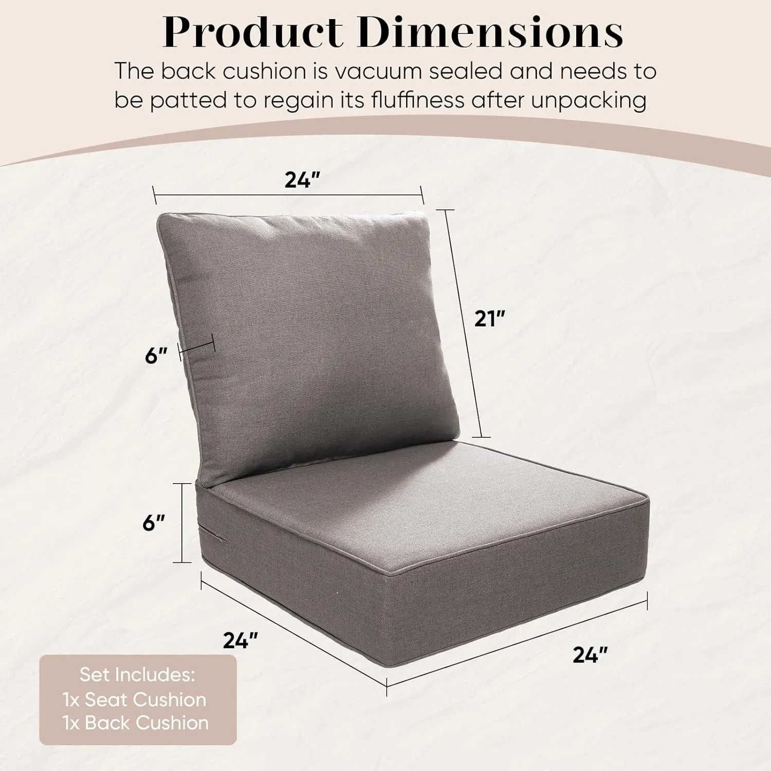 Outdoor Seat Cushion Set-24 x 24 x 6 Inch Outdoor Chair Cushions with Water Resistant & Removable Cover Outdoor Cushions for Patio Furniture Chair Sofa Couch-Grey