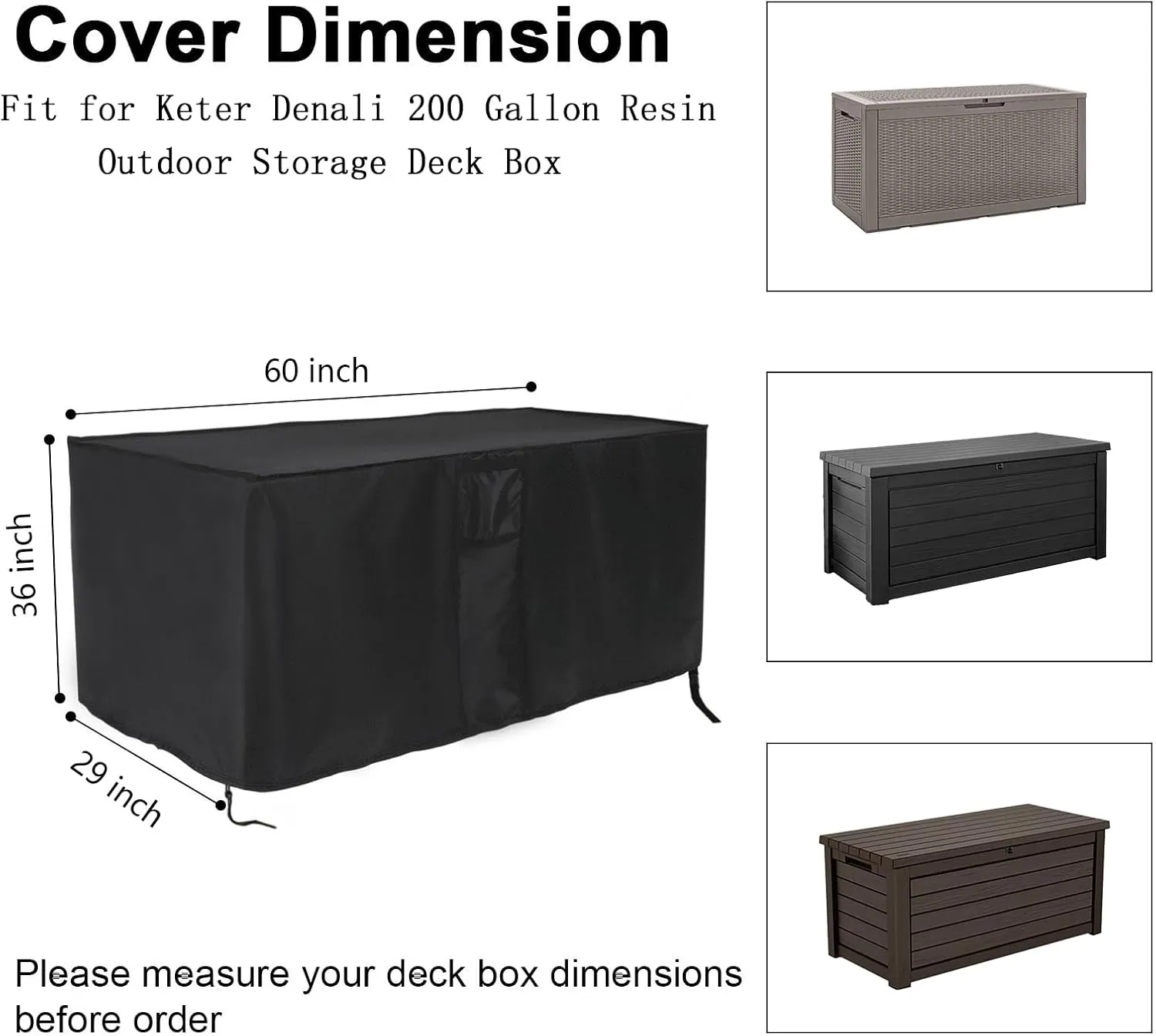 Outdoor Storage Box Cover for Keter Denali 200 Gallon Resin Large Deck Box,Waterproof Patio Storage Box Cover - 60 x 29 x 36 Inch