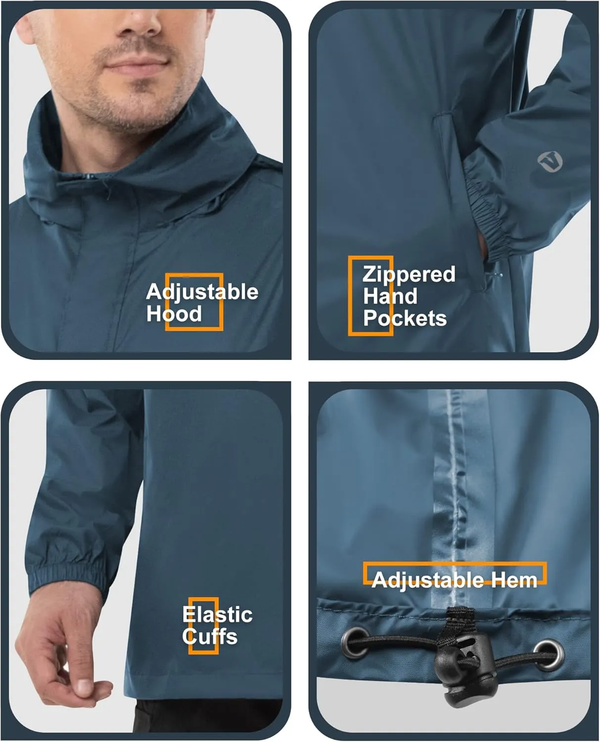 Outdoor Ventures Men's Rain Jacket Waterproof Lightweight Packable Rain Pullover for Hiking Golf Running