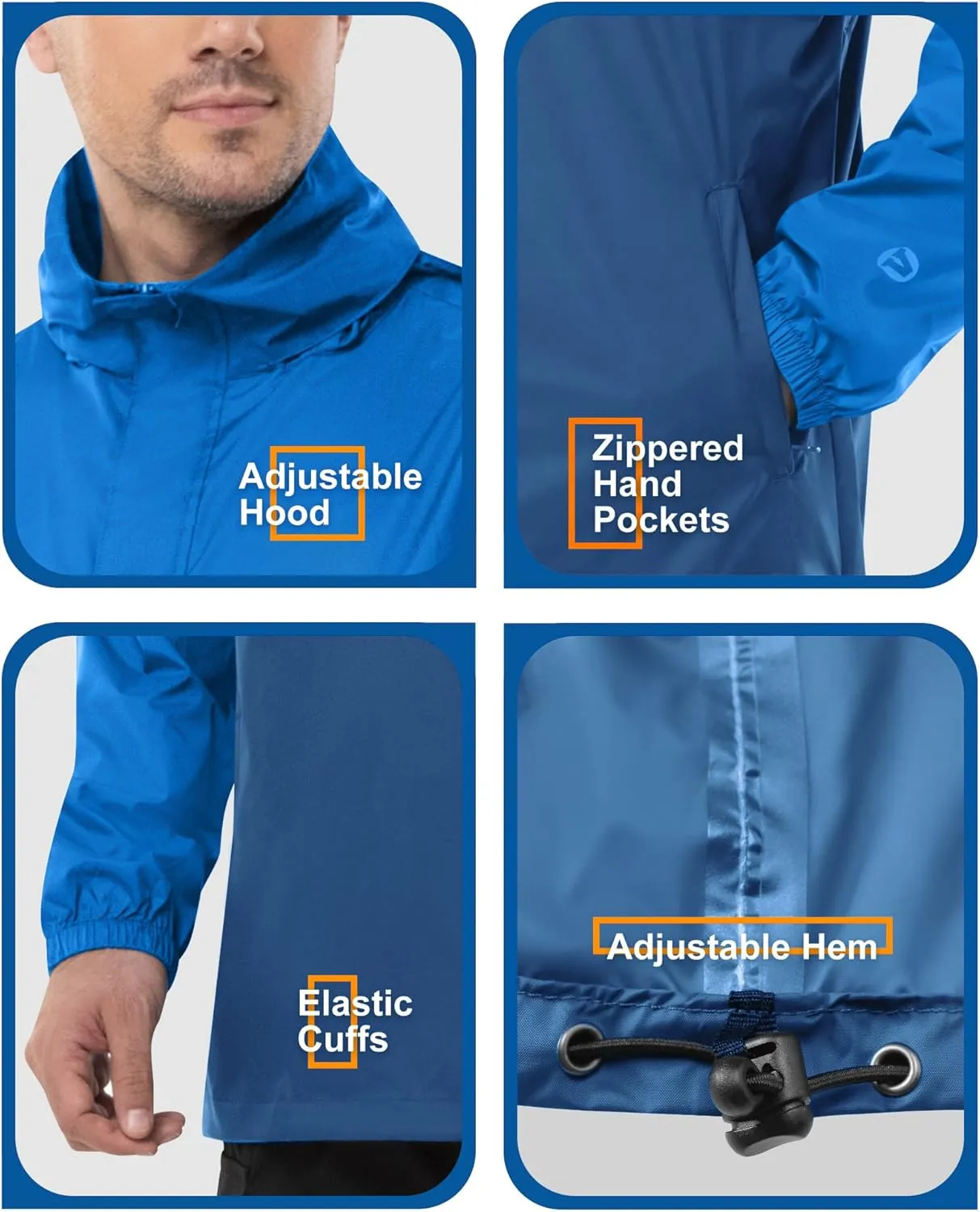 Outdoor Ventures Men's Rain Jacket Waterproof Lightweight Packable Rain Pullover for Hiking Golf Running