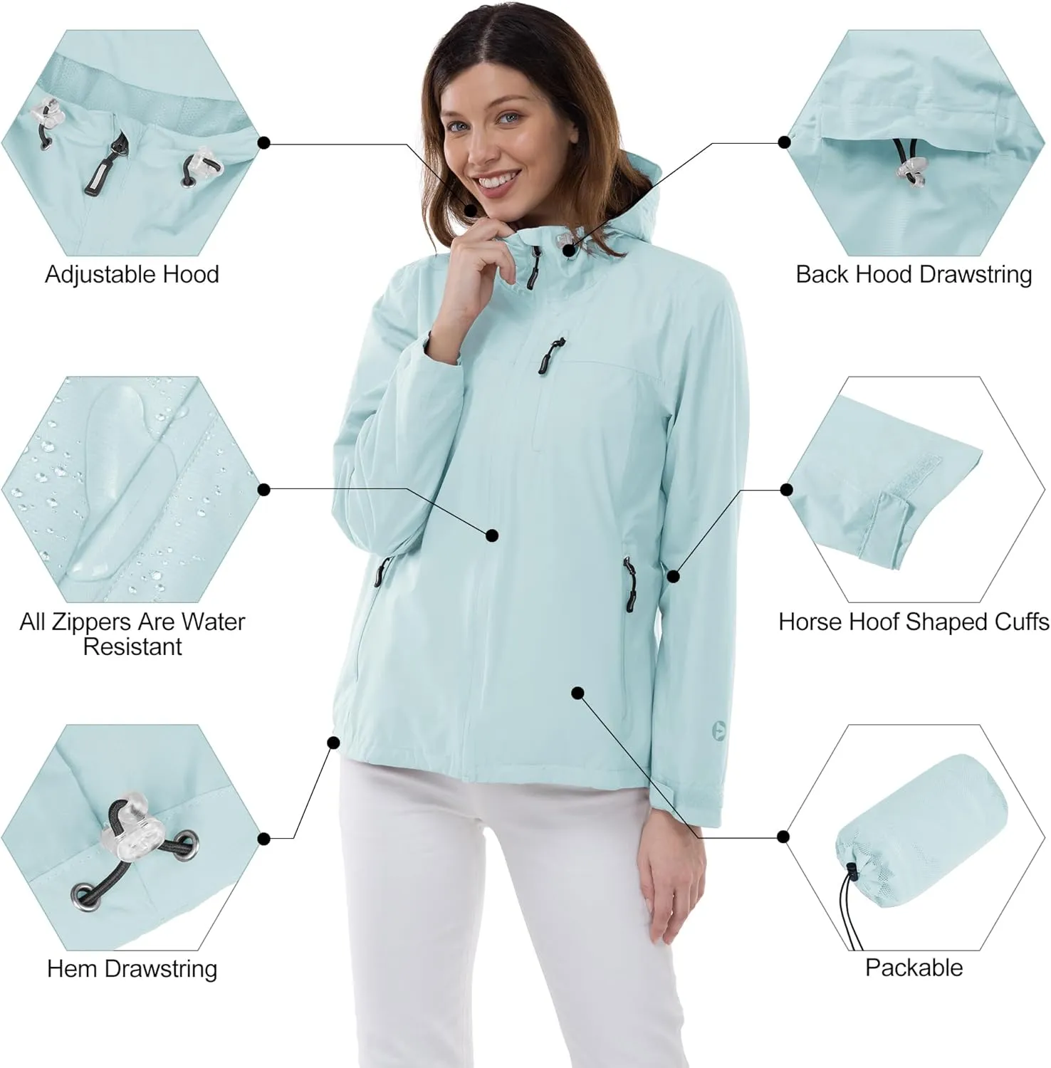 Outdoor Ventures Packable Rain Jacket Women Lightweight Waterproof Raincoat with Hood Cycling Bike Jacket