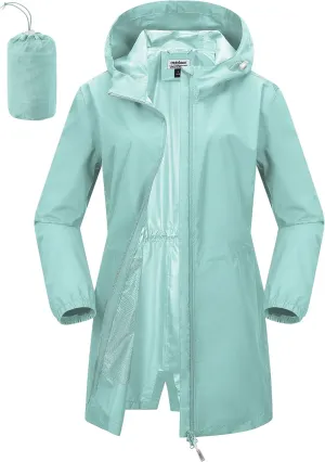 Outdoor Ventures Women's Waterproof Long Rain Coats Packable Lightweight Rain Jacket With Hood Windproof Trench Coats