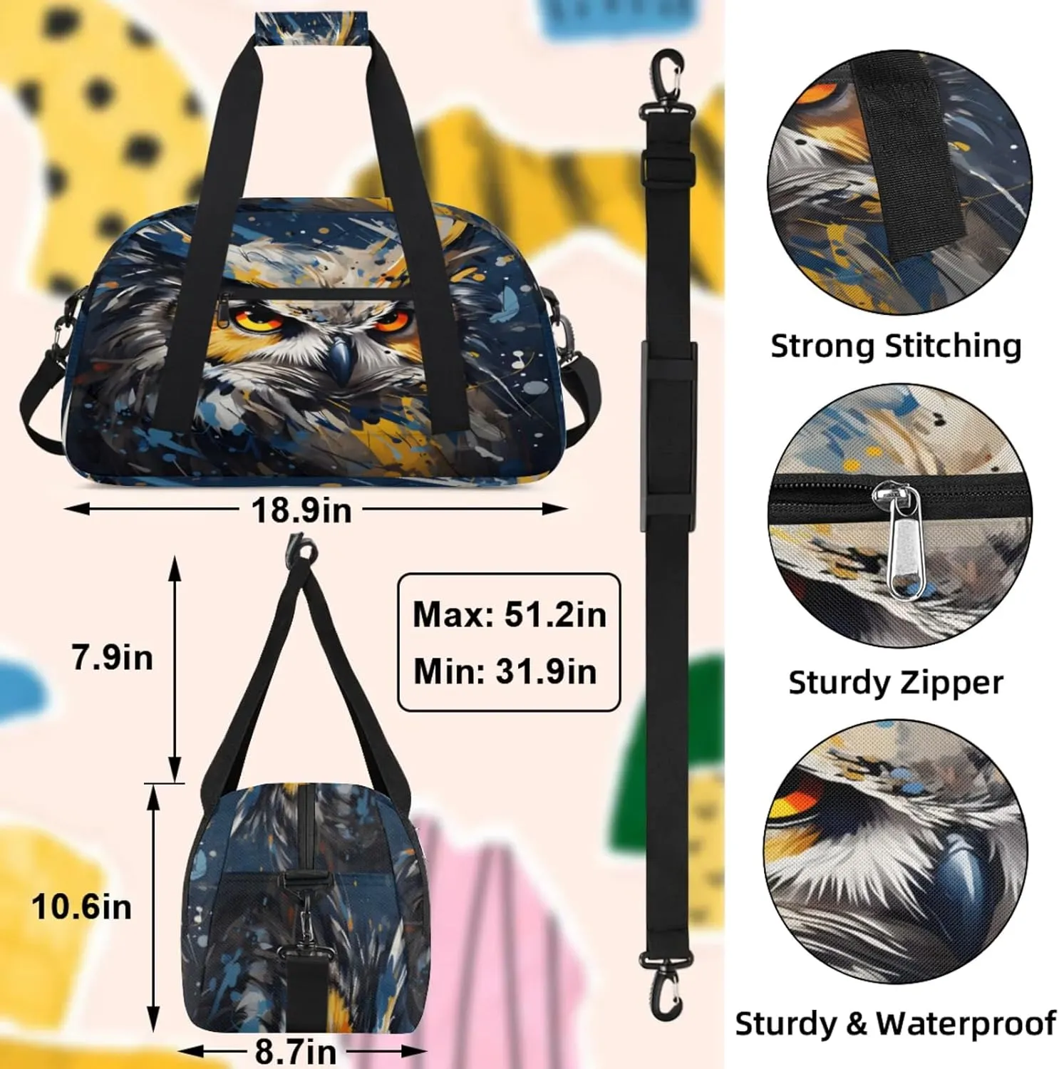 Owl Print Small Gym Bag 18 inch Carry On Duffel Bag for Weekender Travel Sports Workout Yoga Gymnastics Dance Ballet