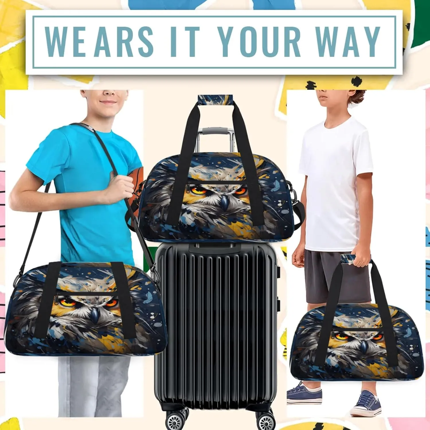 Owl Print Small Gym Bag 18 inch Carry On Duffel Bag for Weekender Travel Sports Workout Yoga Gymnastics Dance Ballet