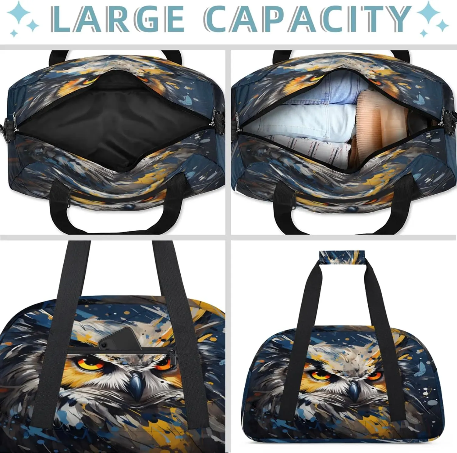 Owl Print Small Gym Bag 18 inch Carry On Duffel Bag for Weekender Travel Sports Workout Yoga Gymnastics Dance Ballet