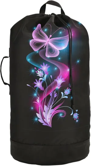 Oyihfvs Purple Flowers, Stars and Transparent Butterfly on Black Dark Backpack Laundry Bag, Laundry Backpack with Shoulder Straps, Waterproof Nylon Clothes Hamper Bag for Men Women Yoga Backpack