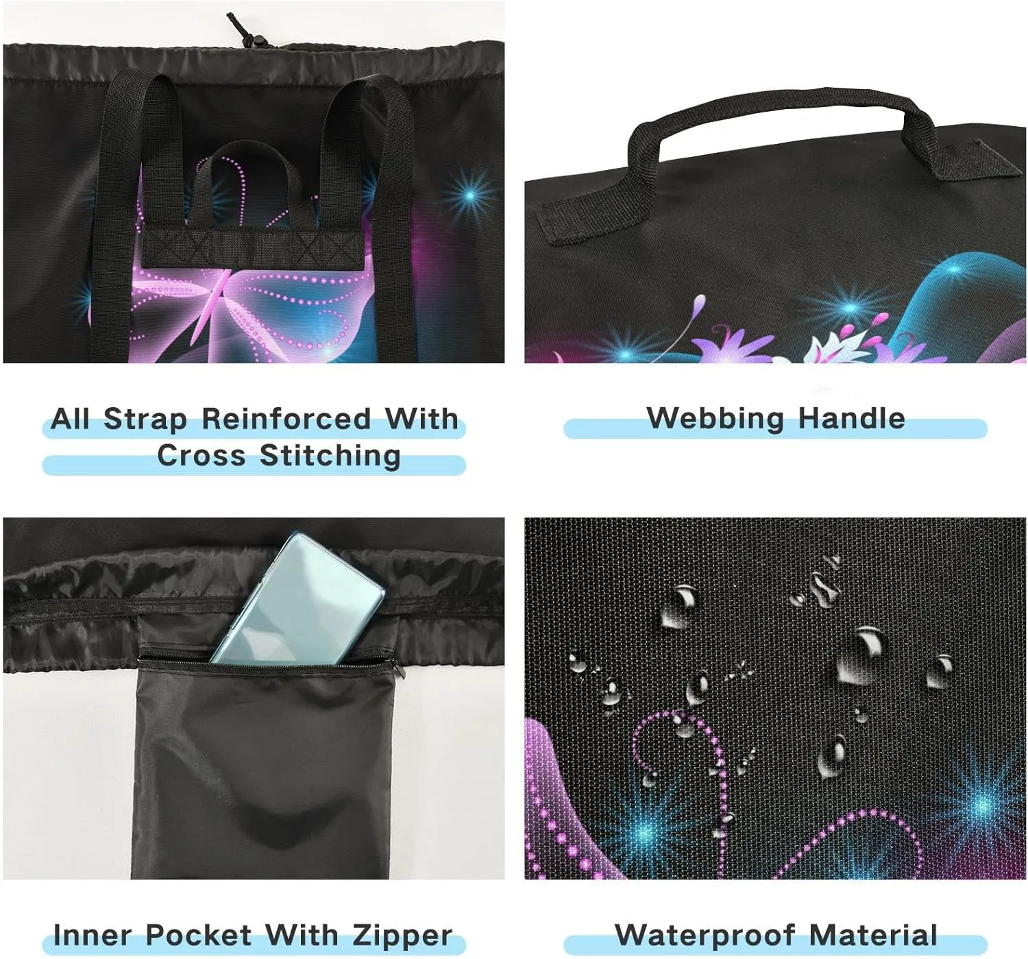 Oyihfvs Purple Flowers, Stars and Transparent Butterfly on Black Dark Backpack Laundry Bag, Laundry Backpack with Shoulder Straps, Waterproof Nylon Clothes Hamper Bag for Men Women Yoga Backpack