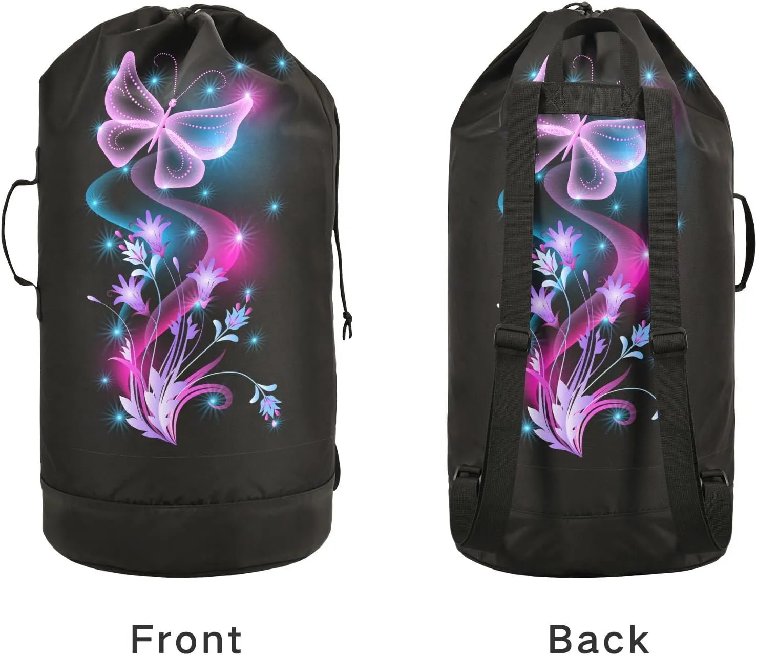 Oyihfvs Purple Flowers, Stars and Transparent Butterfly on Black Dark Backpack Laundry Bag, Laundry Backpack with Shoulder Straps, Waterproof Nylon Clothes Hamper Bag for Men Women Yoga Backpack