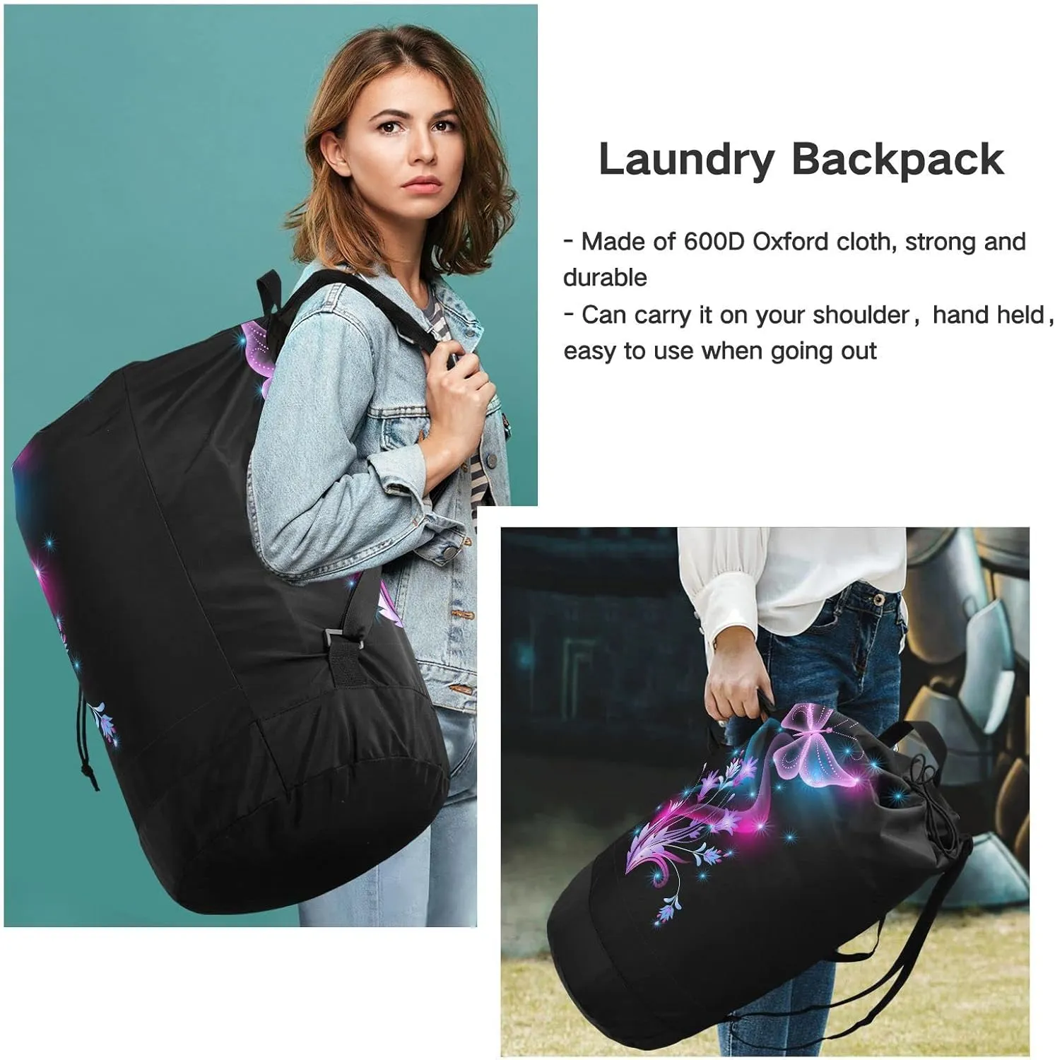 Oyihfvs Purple Flowers, Stars and Transparent Butterfly on Black Dark Backpack Laundry Bag, Laundry Backpack with Shoulder Straps, Waterproof Nylon Clothes Hamper Bag for Men Women Yoga Backpack