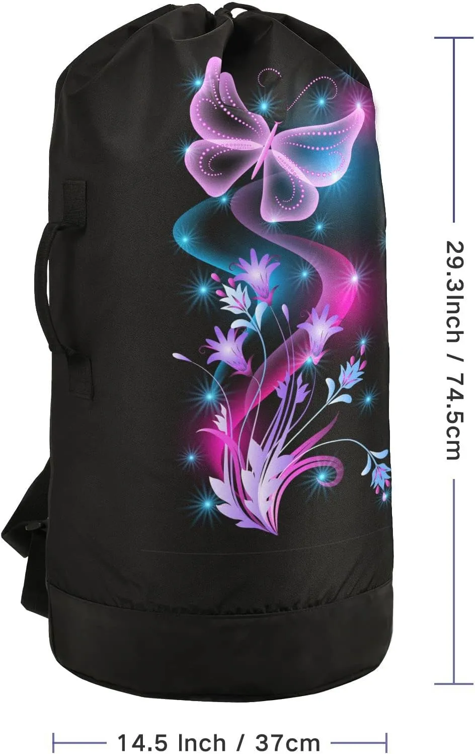 Oyihfvs Purple Flowers, Stars and Transparent Butterfly on Black Dark Backpack Laundry Bag, Laundry Backpack with Shoulder Straps, Waterproof Nylon Clothes Hamper Bag for Men Women Yoga Backpack
