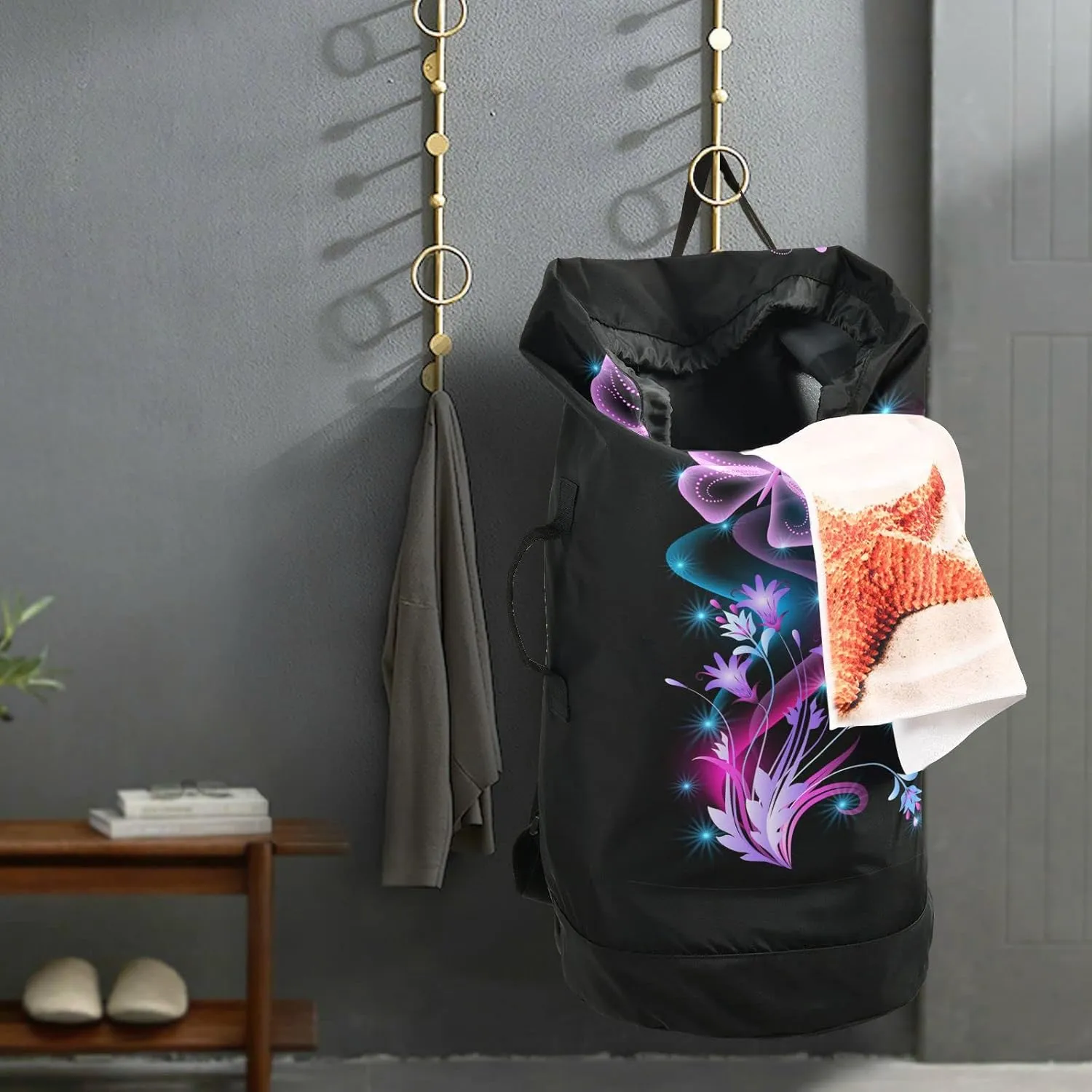Oyihfvs Purple Flowers, Stars and Transparent Butterfly on Black Dark Backpack Laundry Bag, Laundry Backpack with Shoulder Straps, Waterproof Nylon Clothes Hamper Bag for Men Women Yoga Backpack