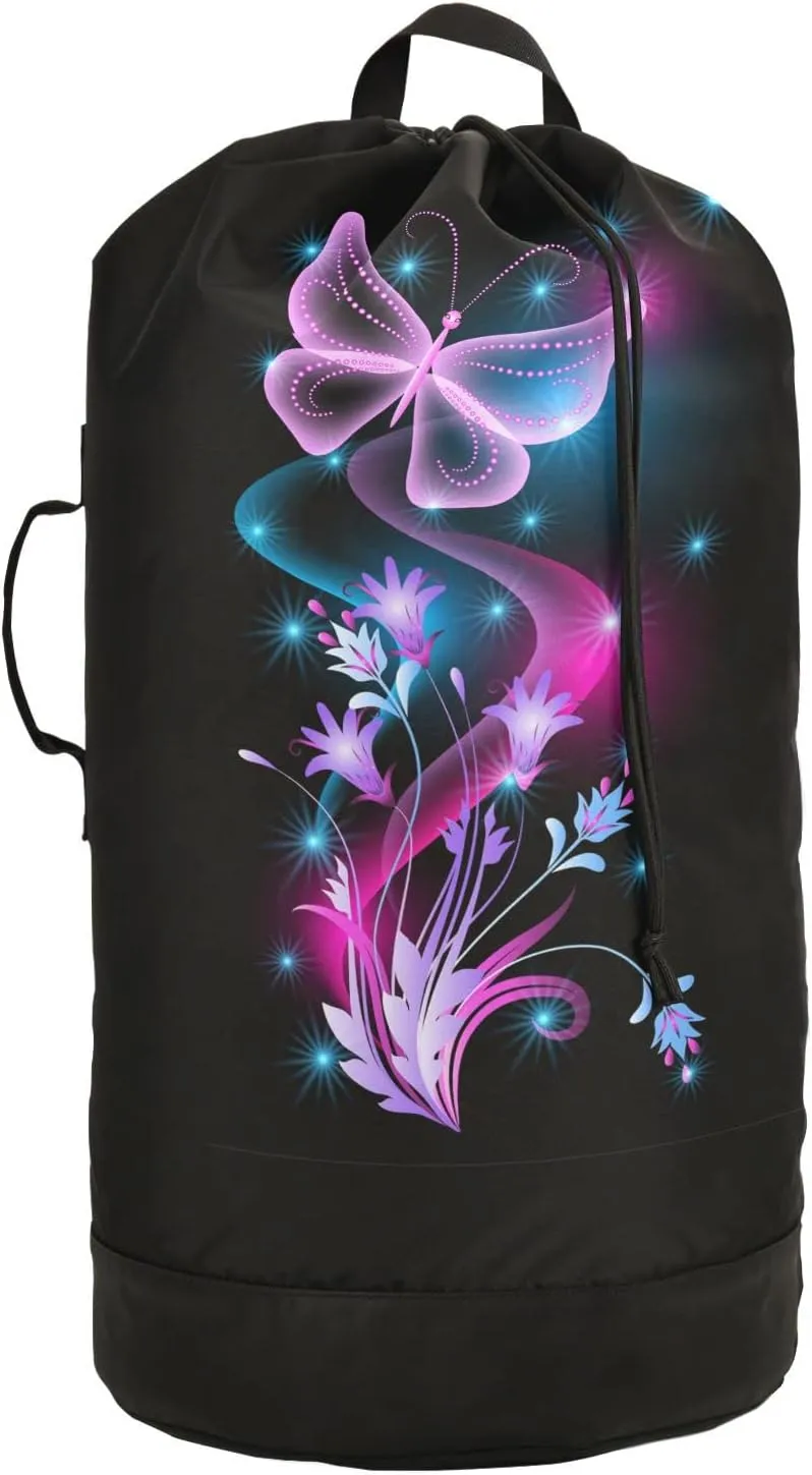 Oyihfvs Purple Flowers, Stars and Transparent Butterfly on Black Dark Backpack Laundry Bag, Laundry Backpack with Shoulder Straps, Waterproof Nylon Clothes Hamper Bag for Men Women Yoga Backpack